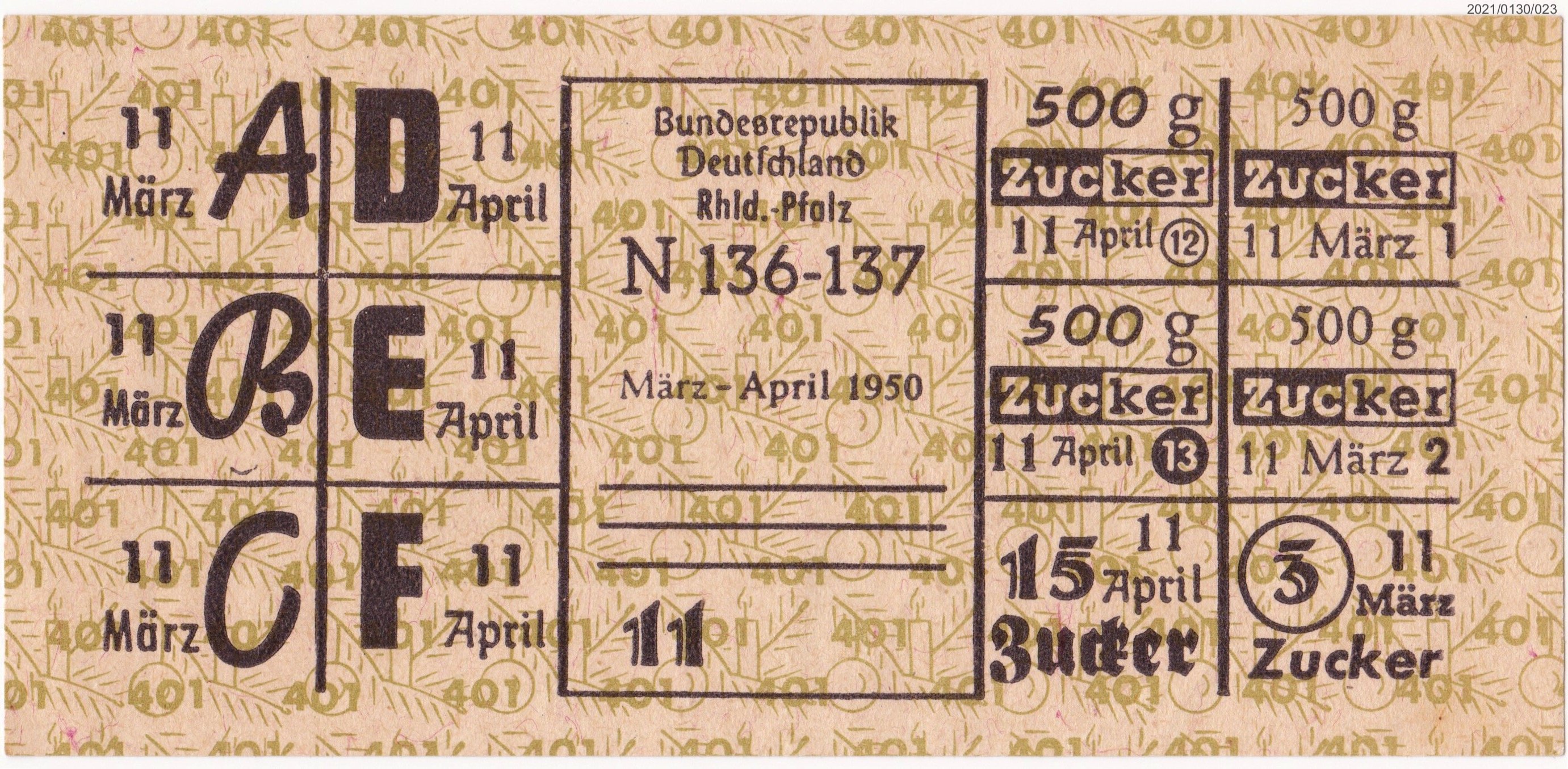 Zuckerkarte Bundesrepublik Deutschland Rhld.-Pfalz März-April 1950 (Museumsgesellschaft Bad Dürkheim e. V. CC BY-NC-SA)