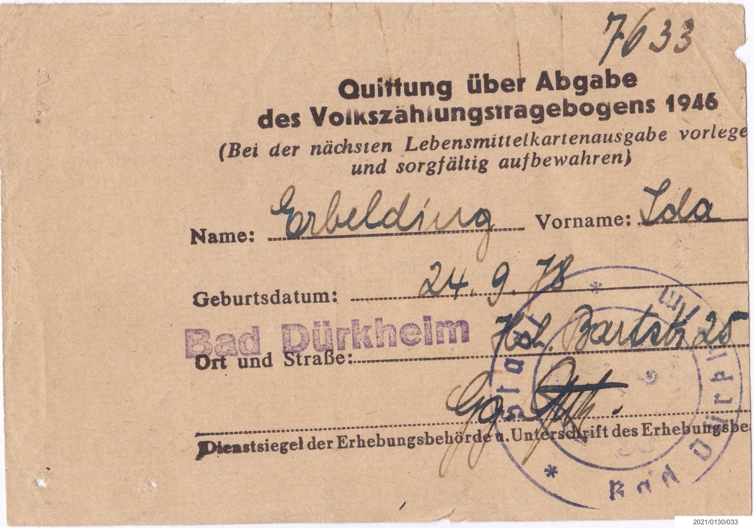 Quittung über Abgabe des Volkzählungsfragebogens 1946 (Museumsgesellschaft Bad Dürkheim e. V. CC BY-NC-SA)