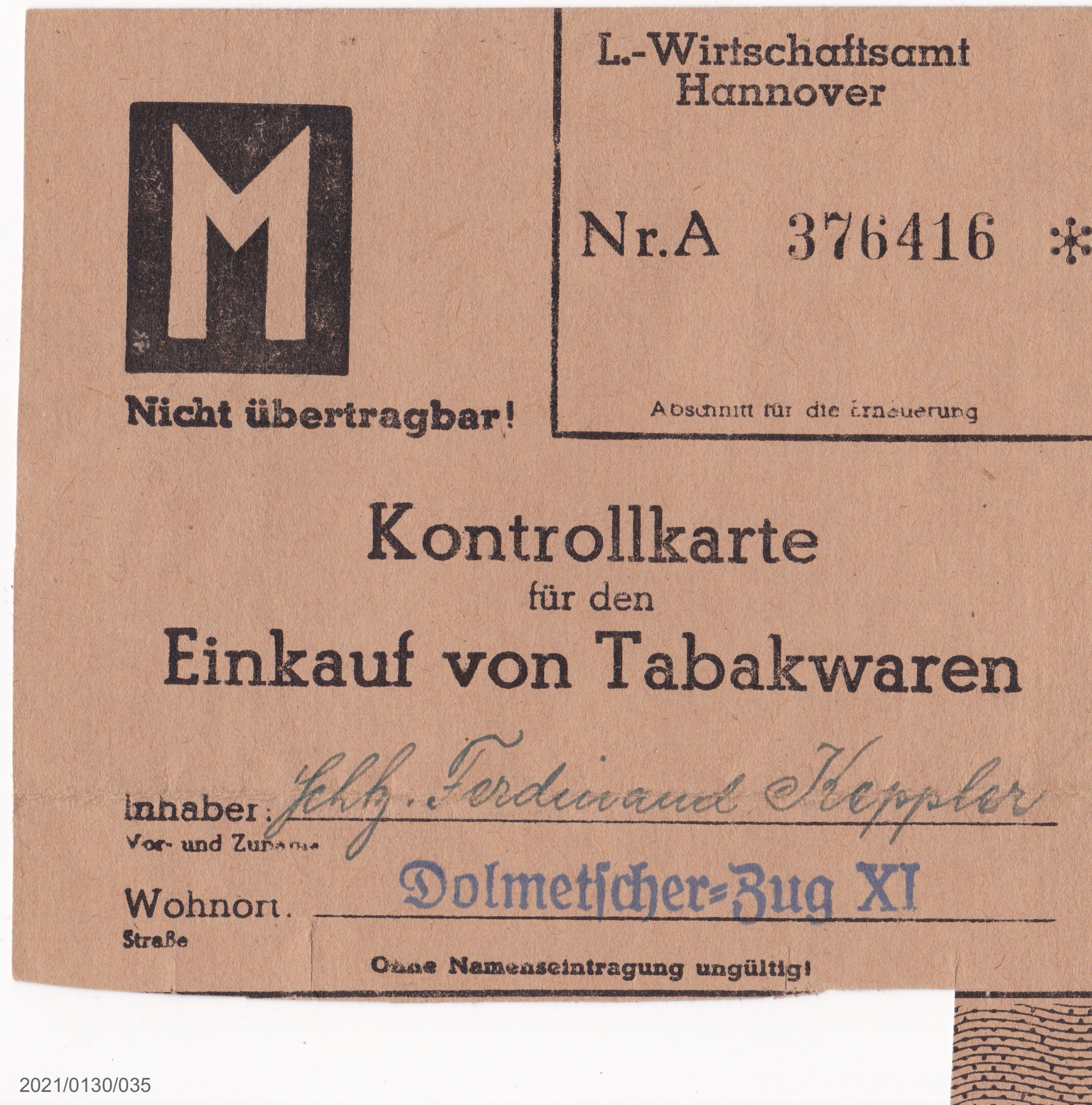 Kontrollkarte für den Einkauf von Tabakwaren (Museumsgesellschaft Bad Dürkheim e. V. CC BY-NC-SA)