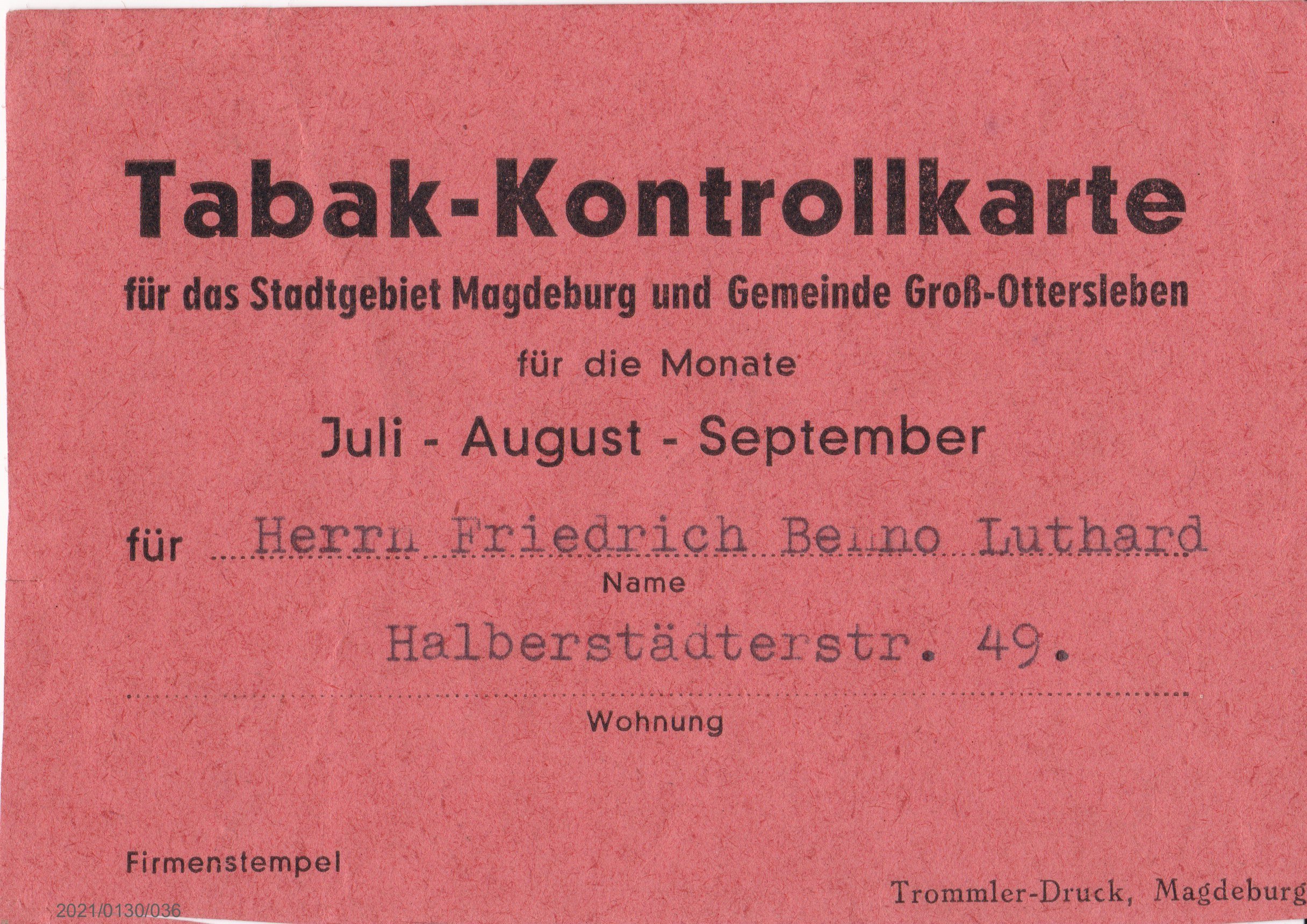 Tabak-Kontrollkarte für das Stadtgebiet Magdeburg und Gemeinde Groß-Ottersleben (Museumsgesellschaft Bad Dürkheim e. V. CC BY-NC-SA)