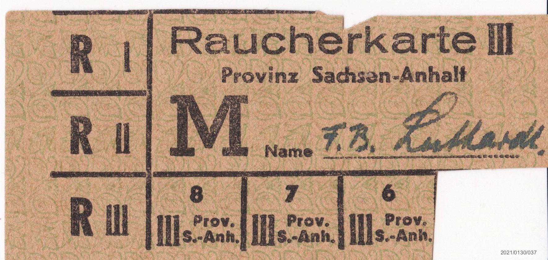 Raucherkarte III Provinz Sachsen-Anhalt (Museumsgesellschaft Bad Dürkheim e. V. CC BY-NC-SA)