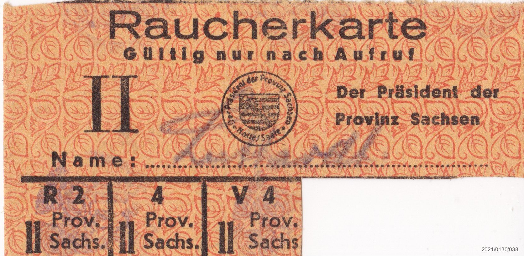 Raucherkarte II Provinz Sachsen (Museumsgesellschaft Bad Dürkheim e. V. CC BY-NC-SA)