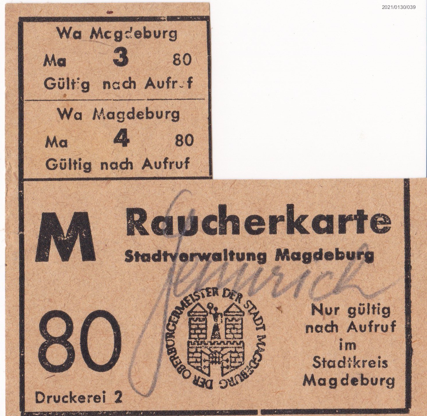 Raucherkarte Stadtverwaltung Magdeburg (Museumsgesellschaft Bad Dürkheim e. V. CC BY-NC-SA)