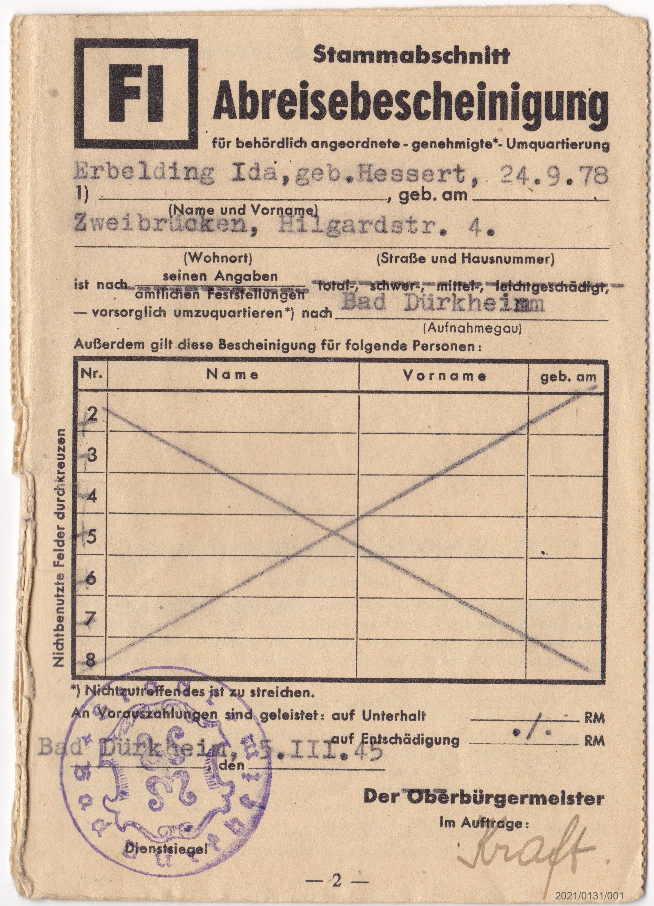 Abreisebescheinigung für behördlich angeordnete - genehmigte Umquartierung (Museumsgesellschaft Bad Dürkheim e. V. CC BY-NC-SA)