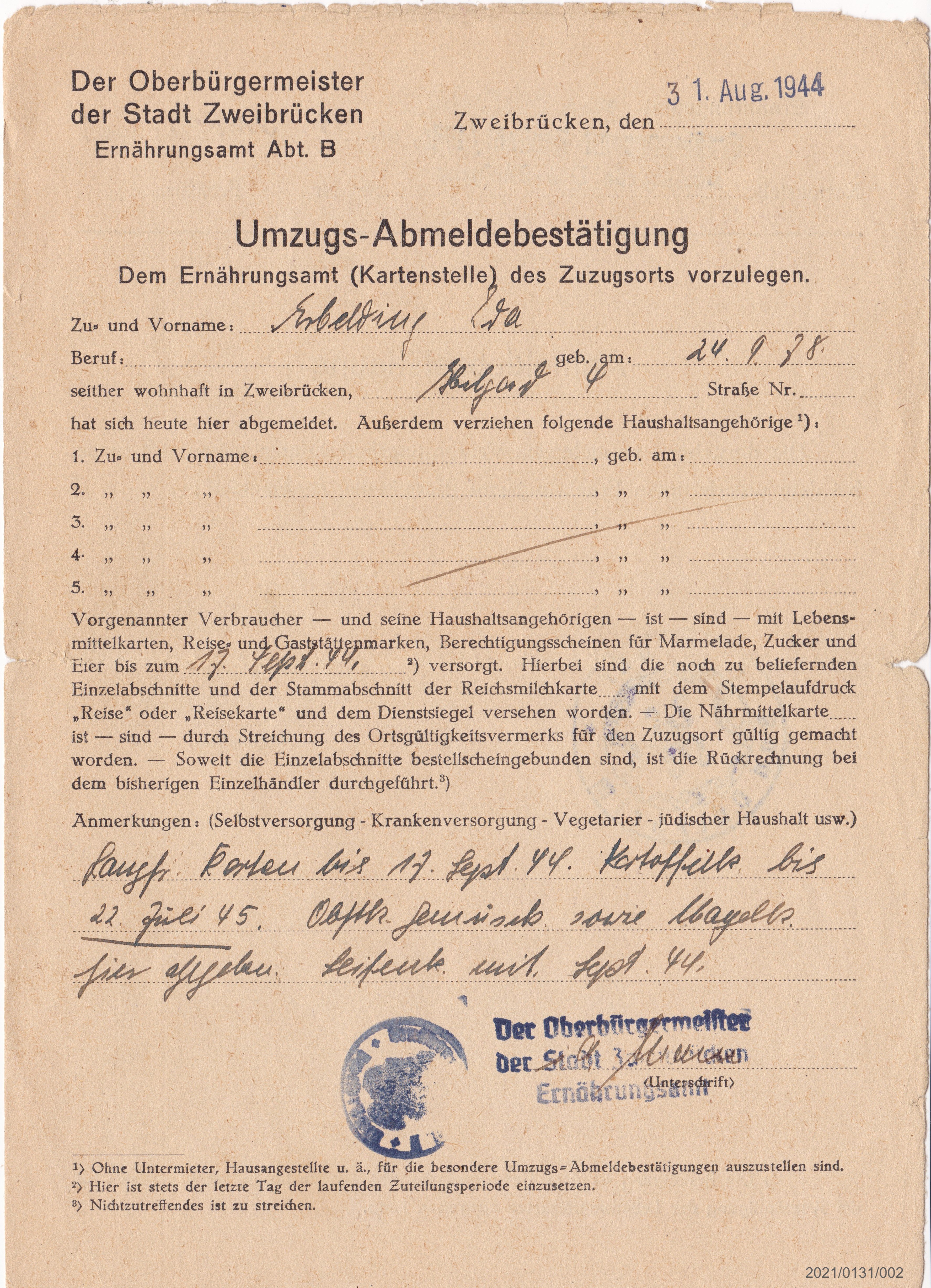 Umzugs-Abmeldebestätigung, und Anmeldebestätigung (Museumsgesellschaft Bad Dürkheim e. V. CC BY-NC-SA)
