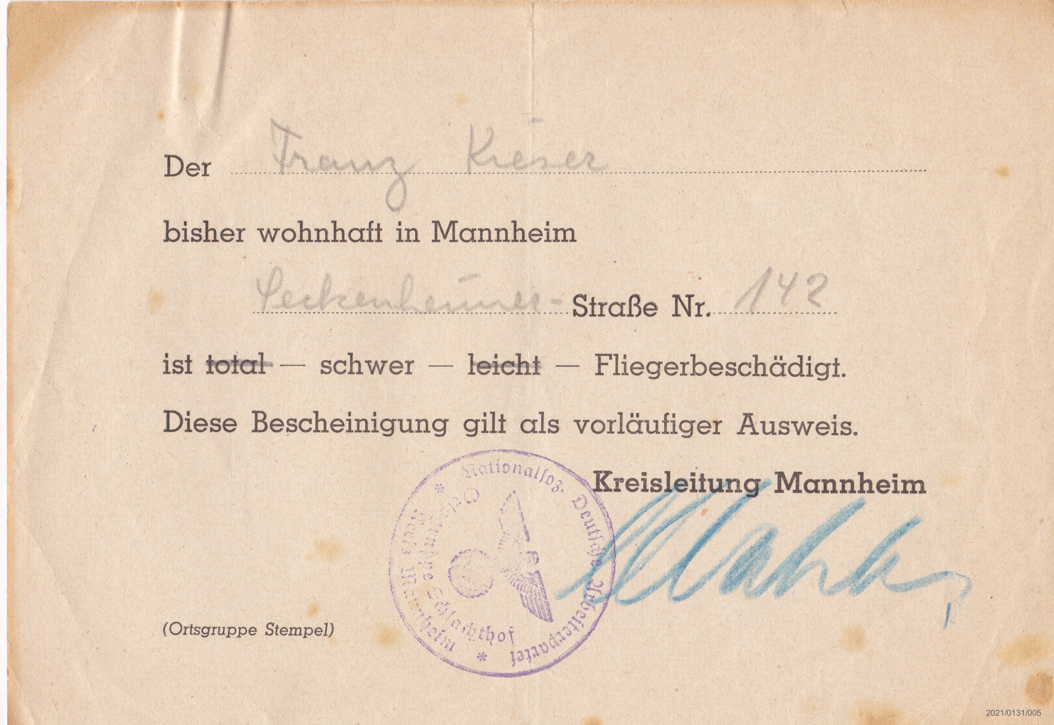 Vorläufiger Ausweis für Fliegerbeschädigte (Museumsgesellschaft Bad Dürkheim e. V. CC BY-NC-SA)