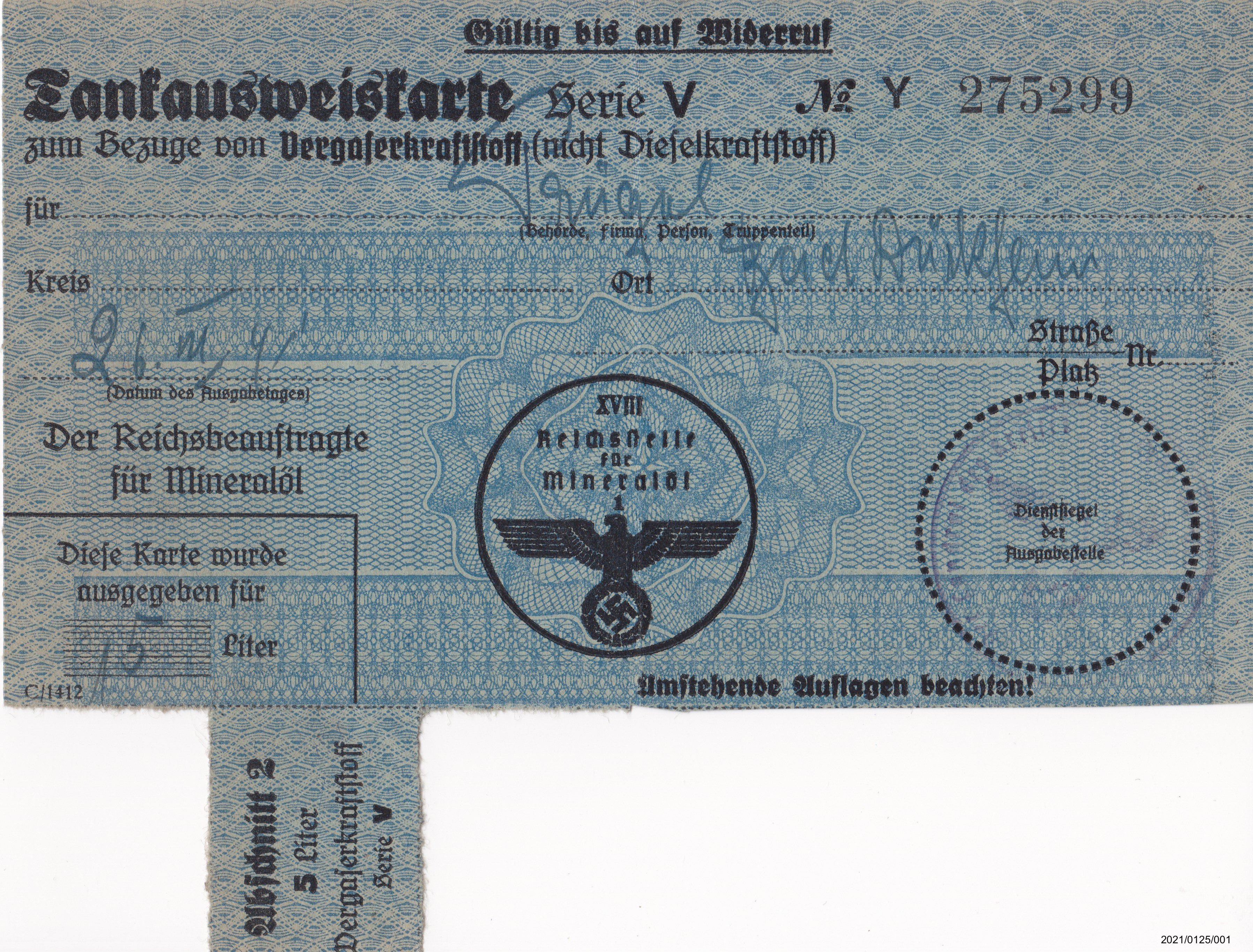 Tankausweiskarte zum Bezug von Vergaserkraftstoff (Museumsgesellschaft Bad Dürkheim e. V. CC BY-NC-SA)