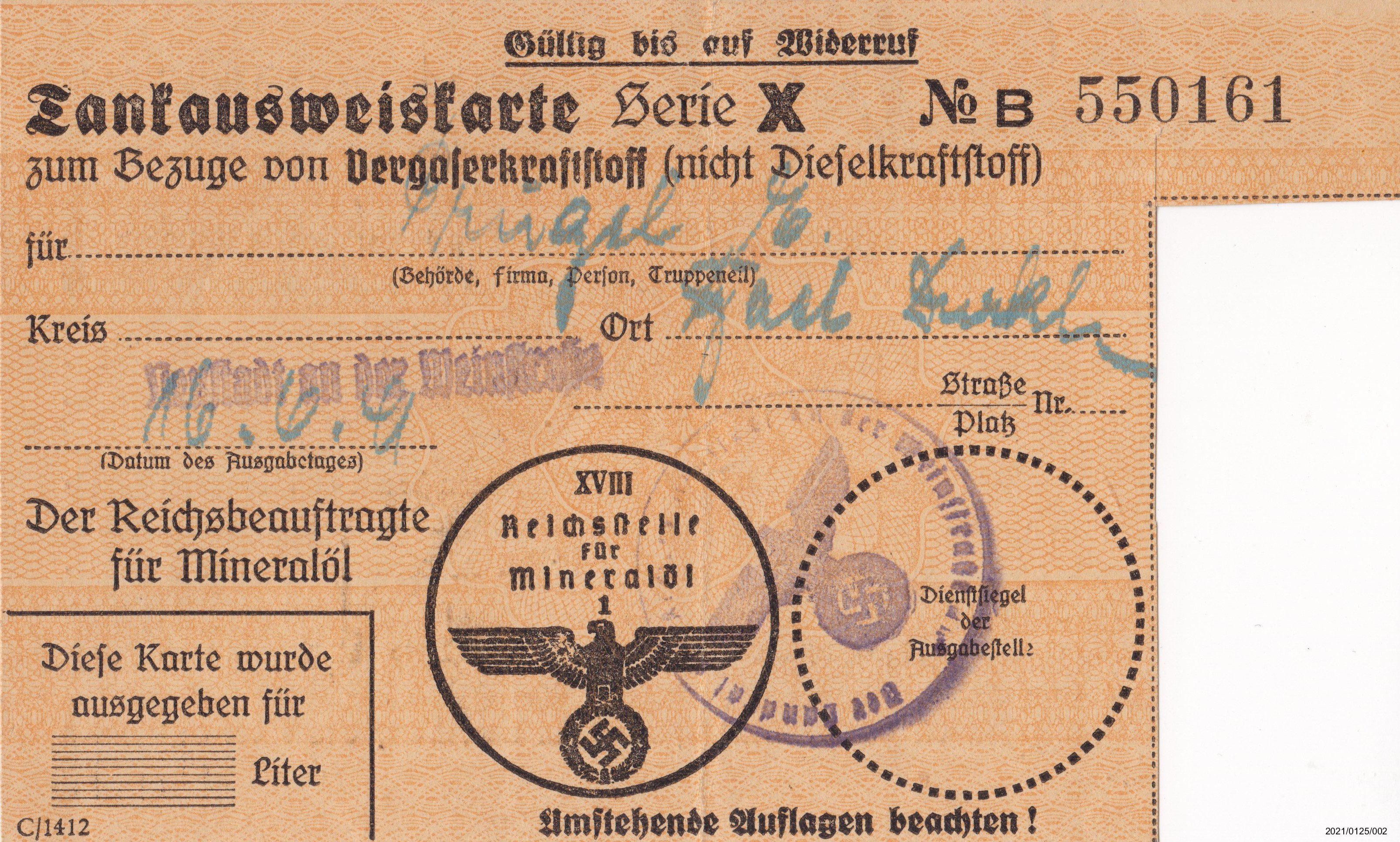 Tankausweiskarte zum Bezug von Vergaserkraftstoff Juni 1941 (Museumsgesellschaft Bad Dürkheim e. V. CC BY-NC-SA)