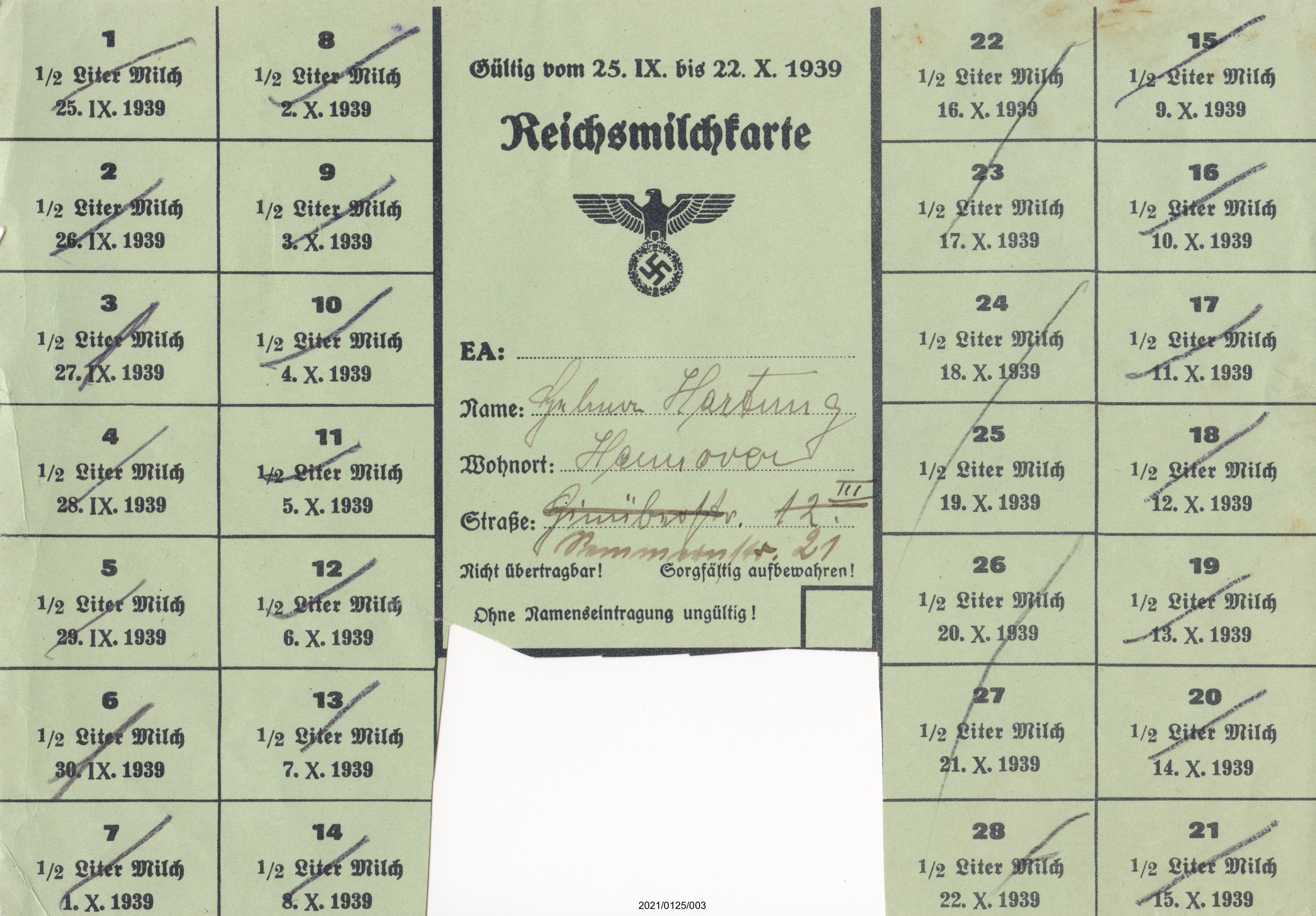 Reichsmilchkarte September - Oktober 1939 (Museumsgesellschaft Bad Dürkheim e. V. CC BY-NC-SA)