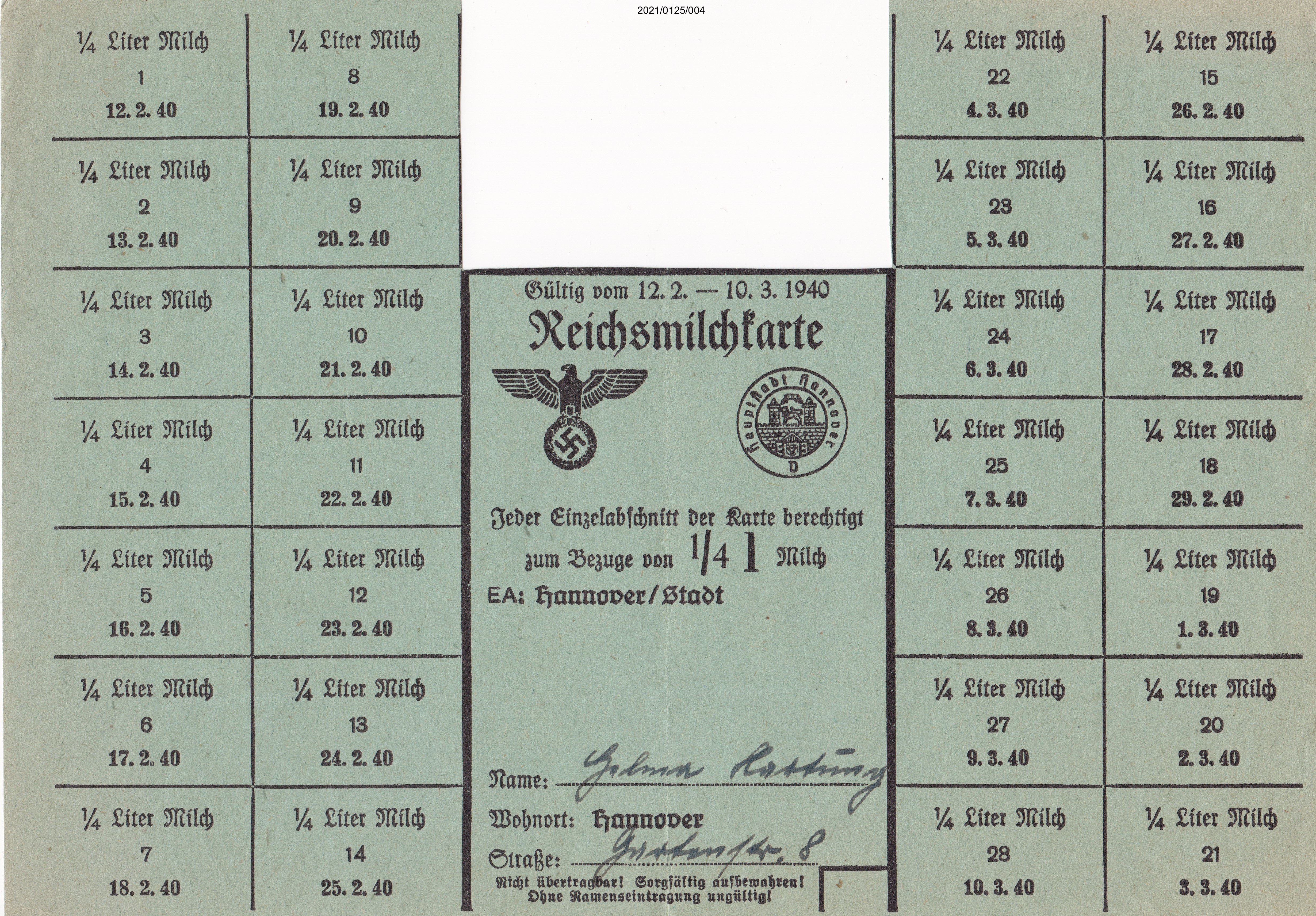 Reichsmilchkarte September - Februar 1940 (Museumsgesellschaft Bad Dürkheim e. V. CC BY-NC-SA)