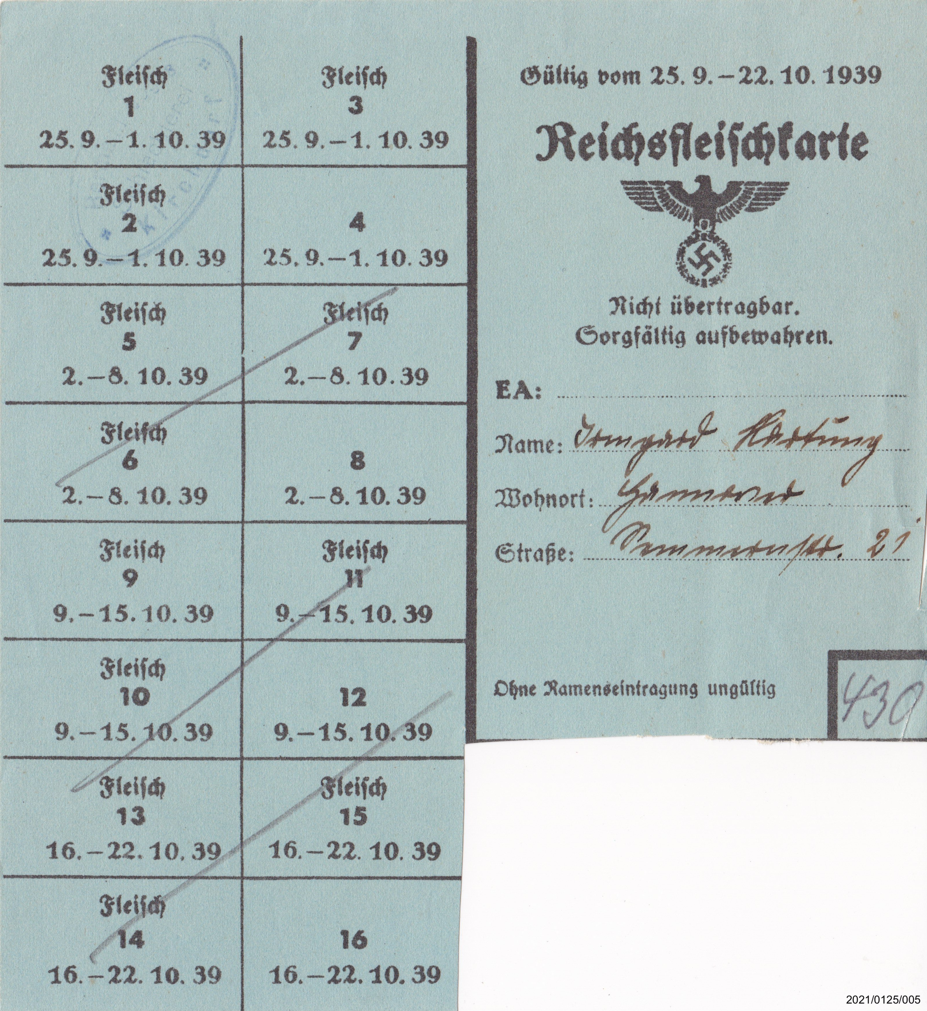 Reichsfleischkarte September 1939 (Museumsgesellschaft Bad Dürkheim e. V. CC BY-NC-SA)