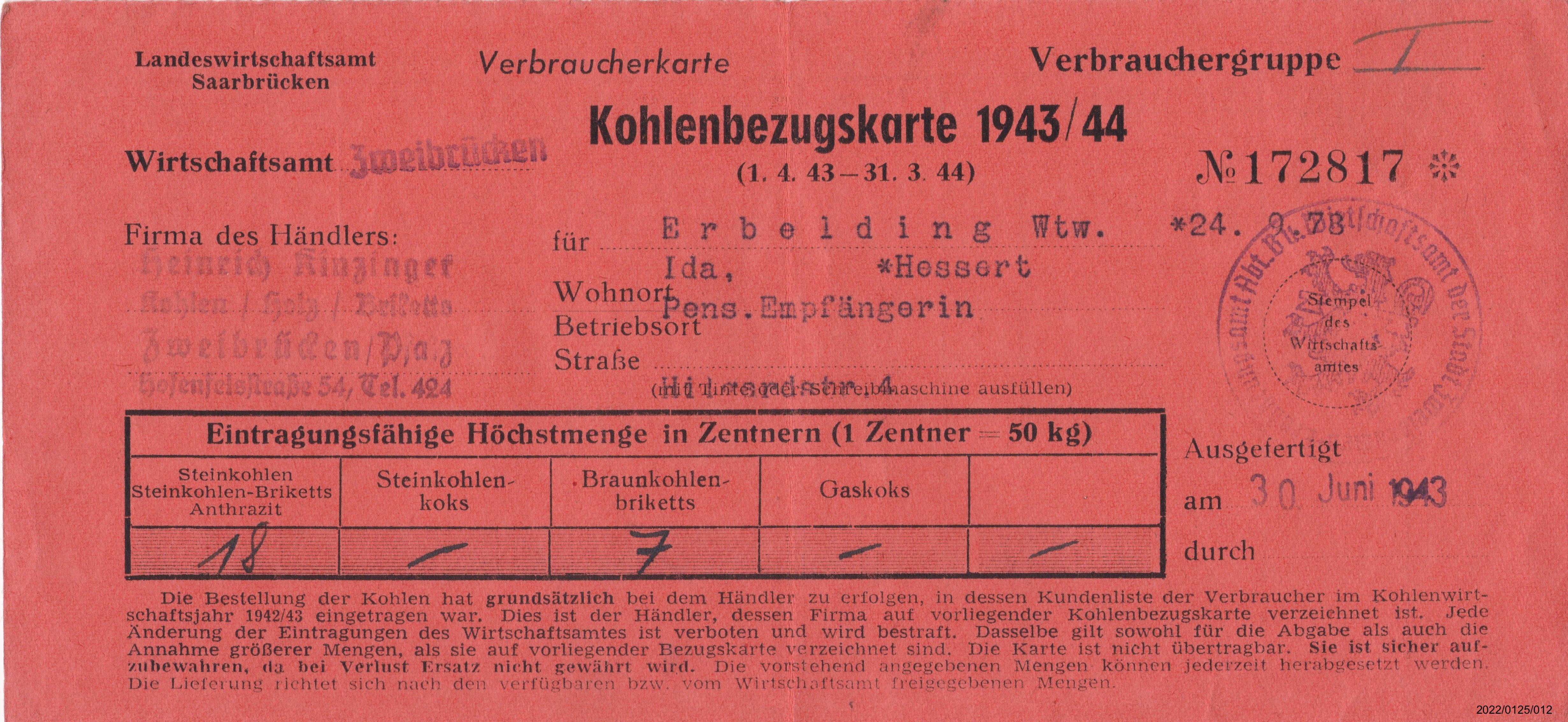 Kohlenbezugskarte 1943/44 (Museumsgesellschaft Bad Dürkheim e. V. CC BY-NC-SA)