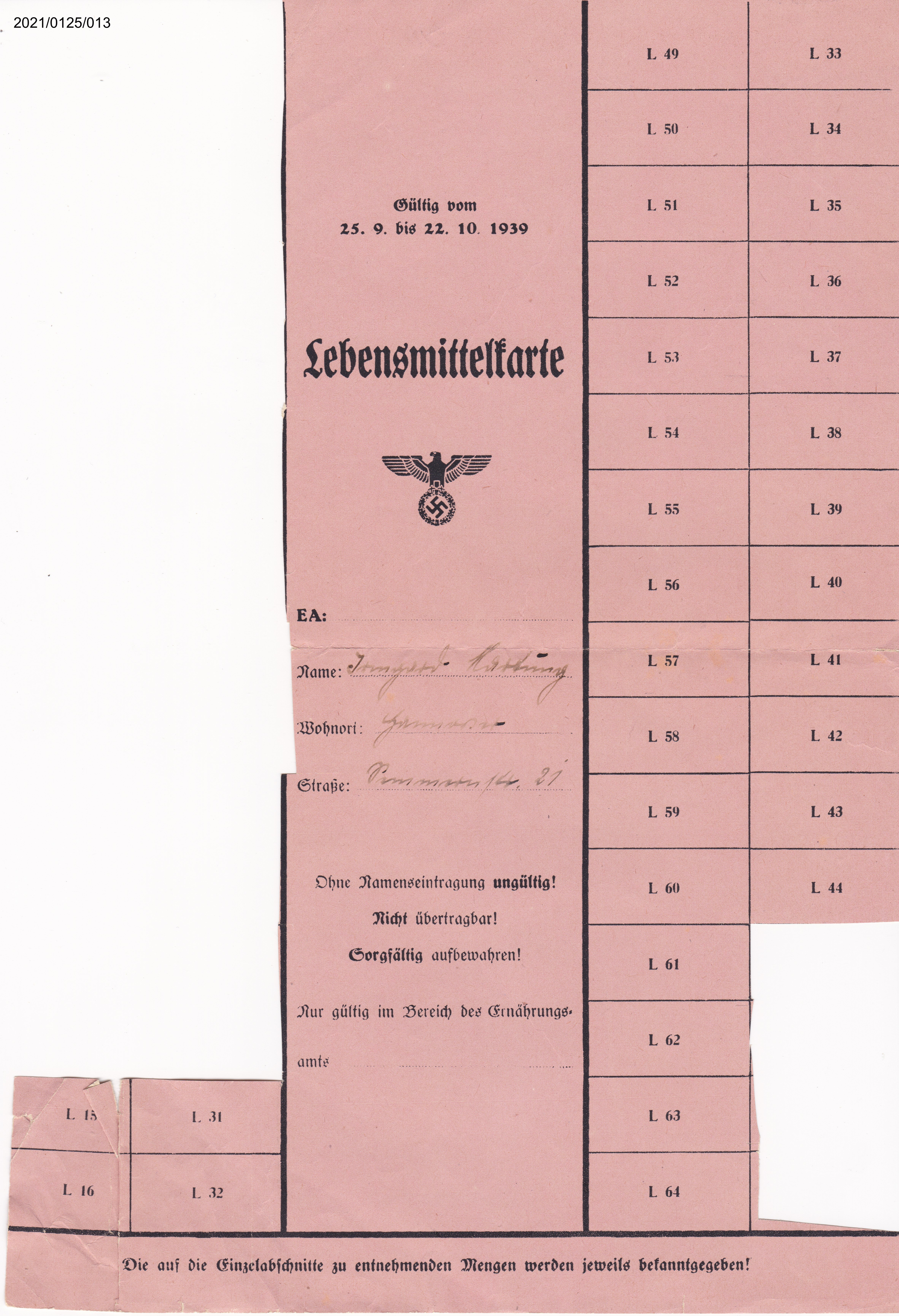 Lebensmittelkarte gültig vom 15.9. bis 22..10.1939 (Museumsgesellschaft Bad Dürkheim e. V. CC BY-NC-SA)
