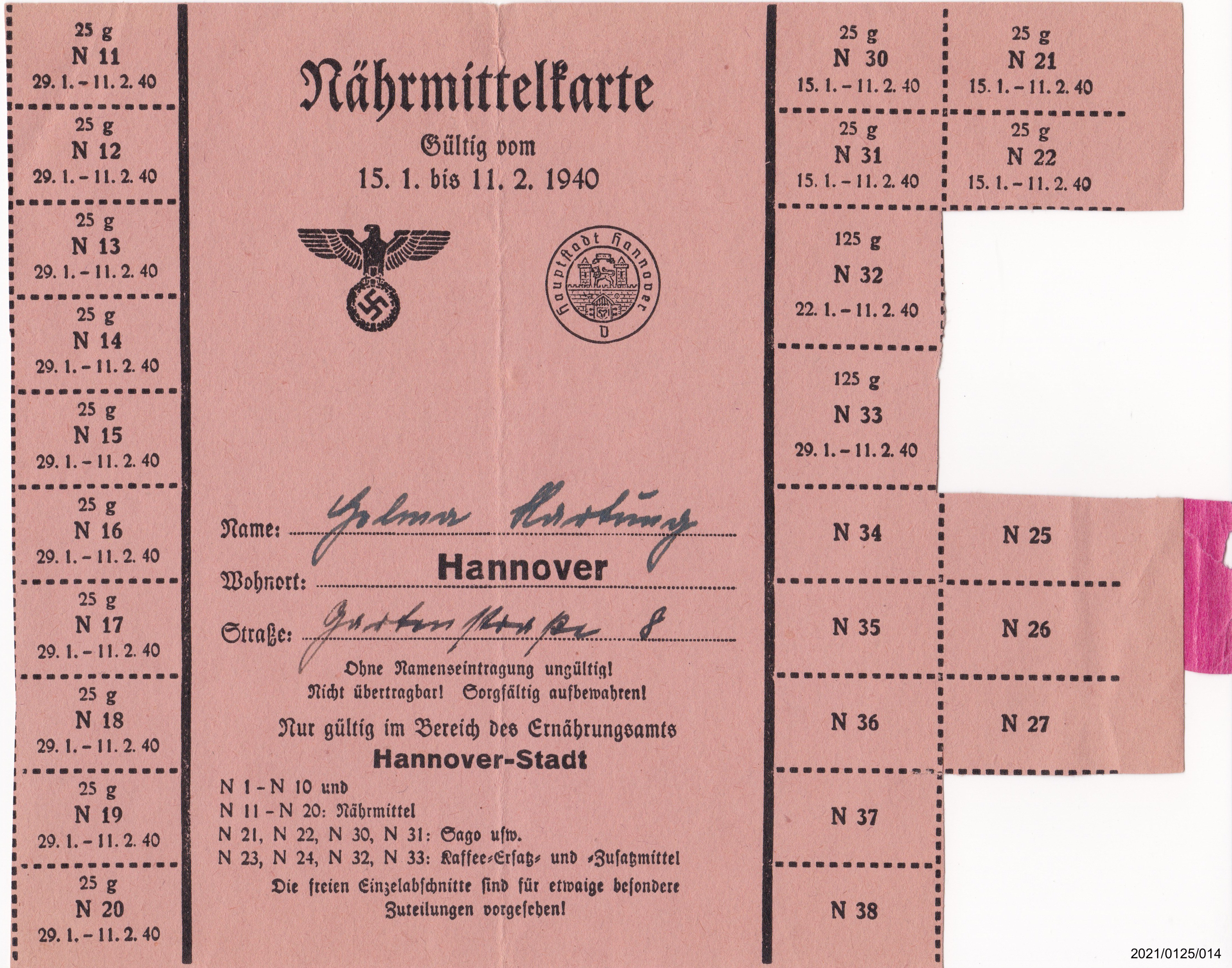 Lebensmittelkarte gültig vom 15.1. bis 11.2.1939 (Museumsgesellschaft Bad Dürkheim e. V. CC BY-NC-SA)