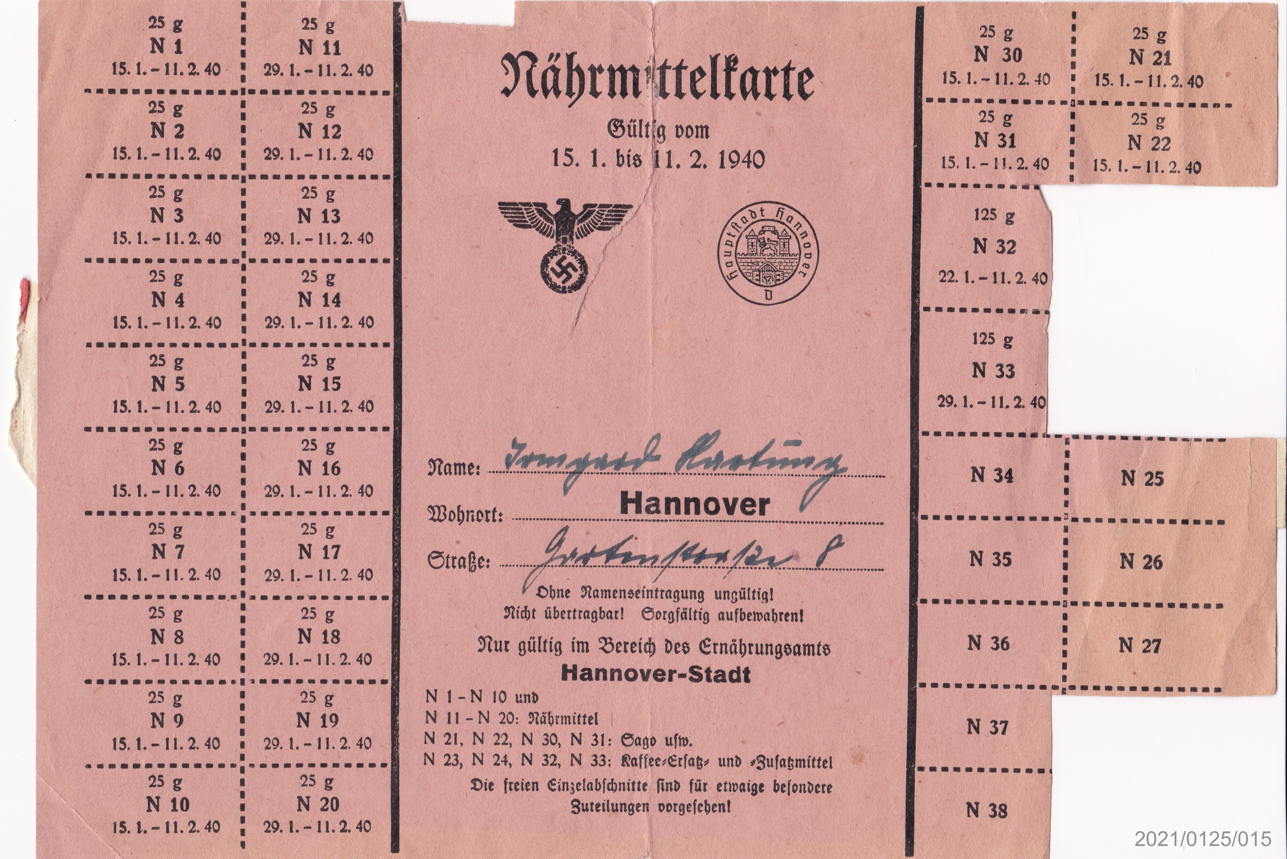 Lebensmittelkarte gültig vom 15.1. bis 11.2.1940 Irma Hartung (Museumsgesellschaft Bad Dürkheim e. V. CC BY-NC-SA)