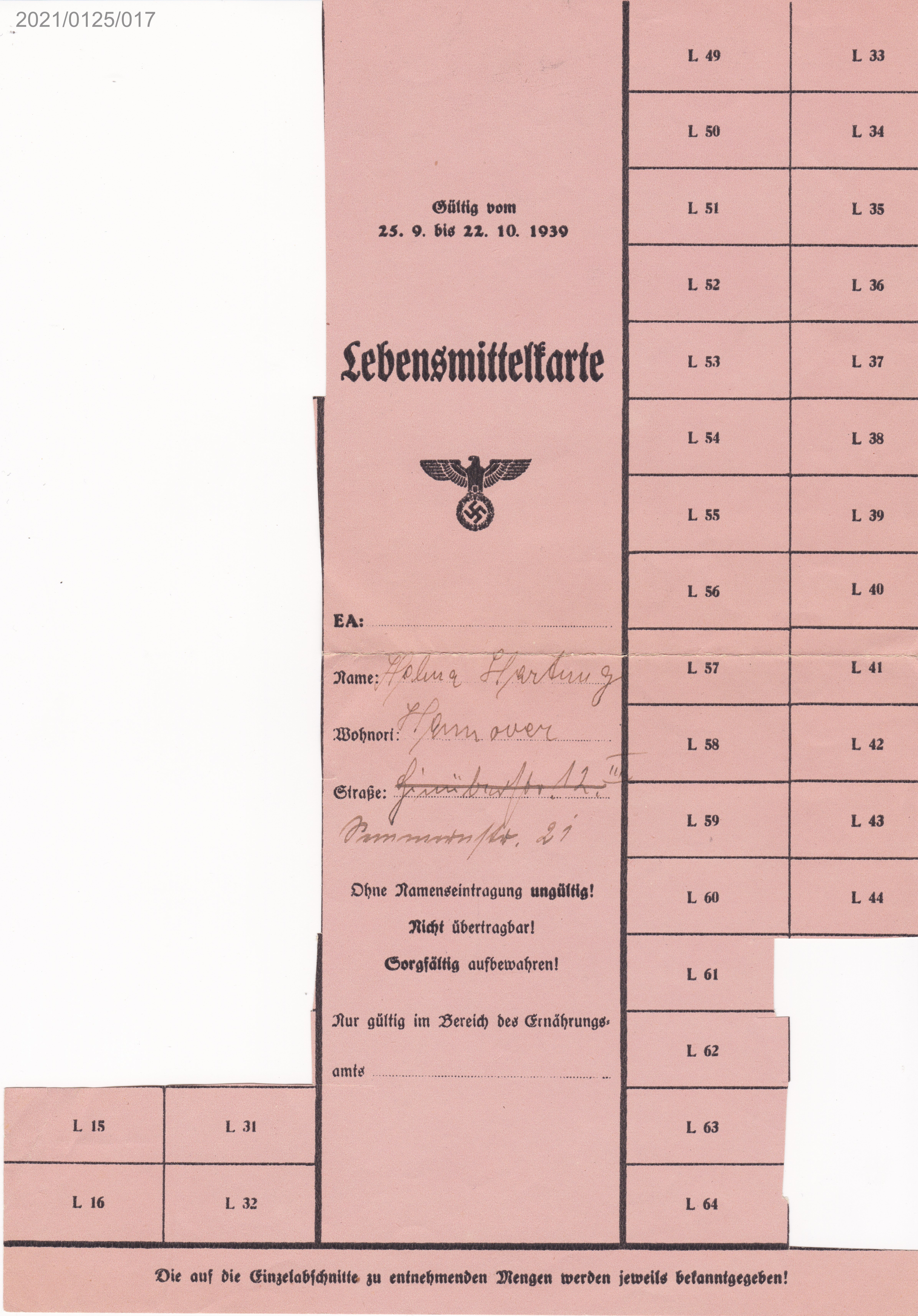 Lebensmittelkarte gültig vom 25.9. bis 22.10.1939 Helma Hartung (Museumsgesellschaft Bad Dürkheim e. V. CC BY-NC-SA)