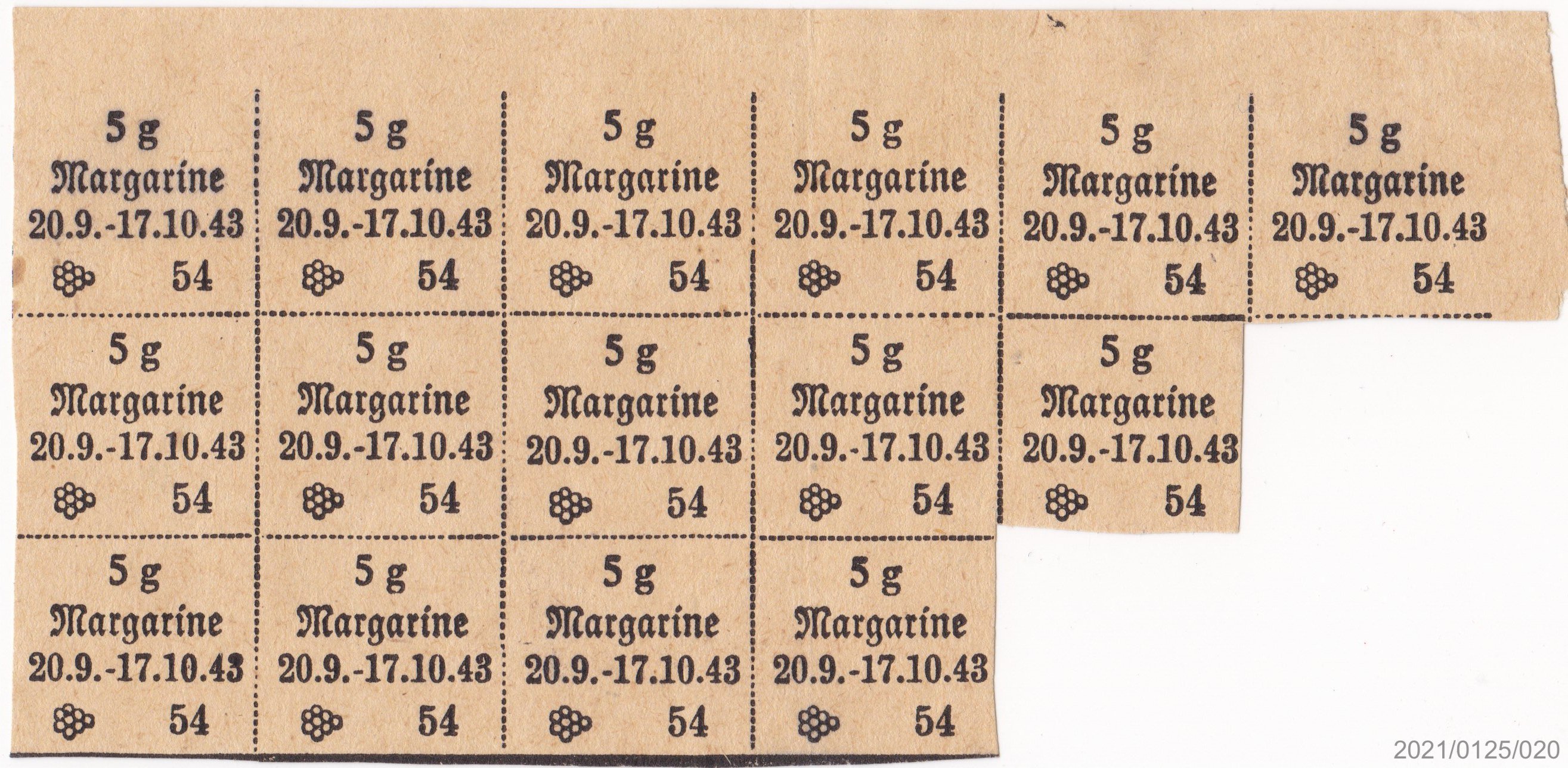 Lebensmittelmarken für je 5g Margarine 20.9. - 17.10.1943 (Museumsgesellschaft Bad Dürkheim e. V. CC BY-NC-SA)