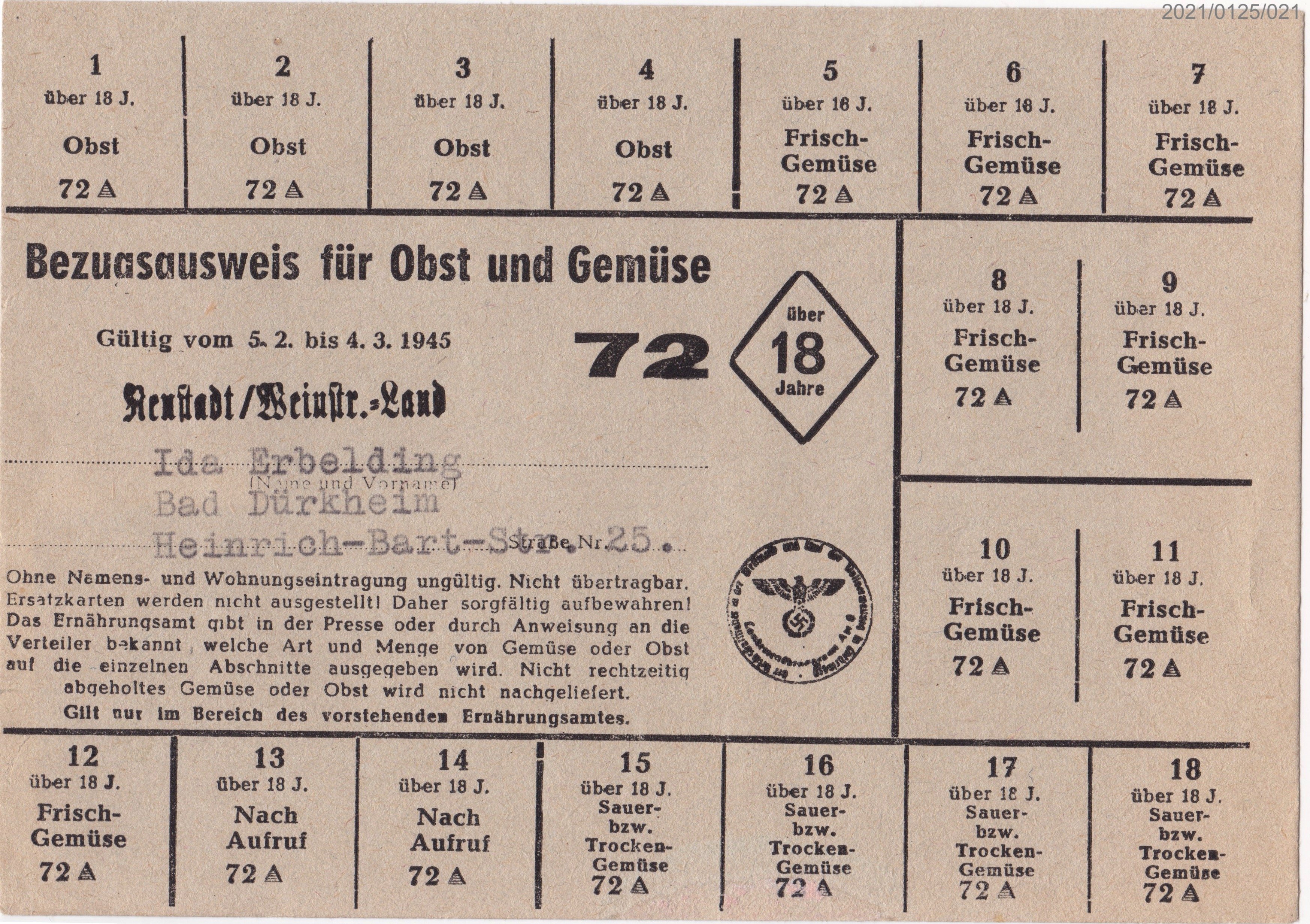 Bezugsausweis für Obst und Gemüse 5.2. - 4.3.1945 (Museumsgesellschaft Bad Dürkheim e. V. CC BY-NC-SA)