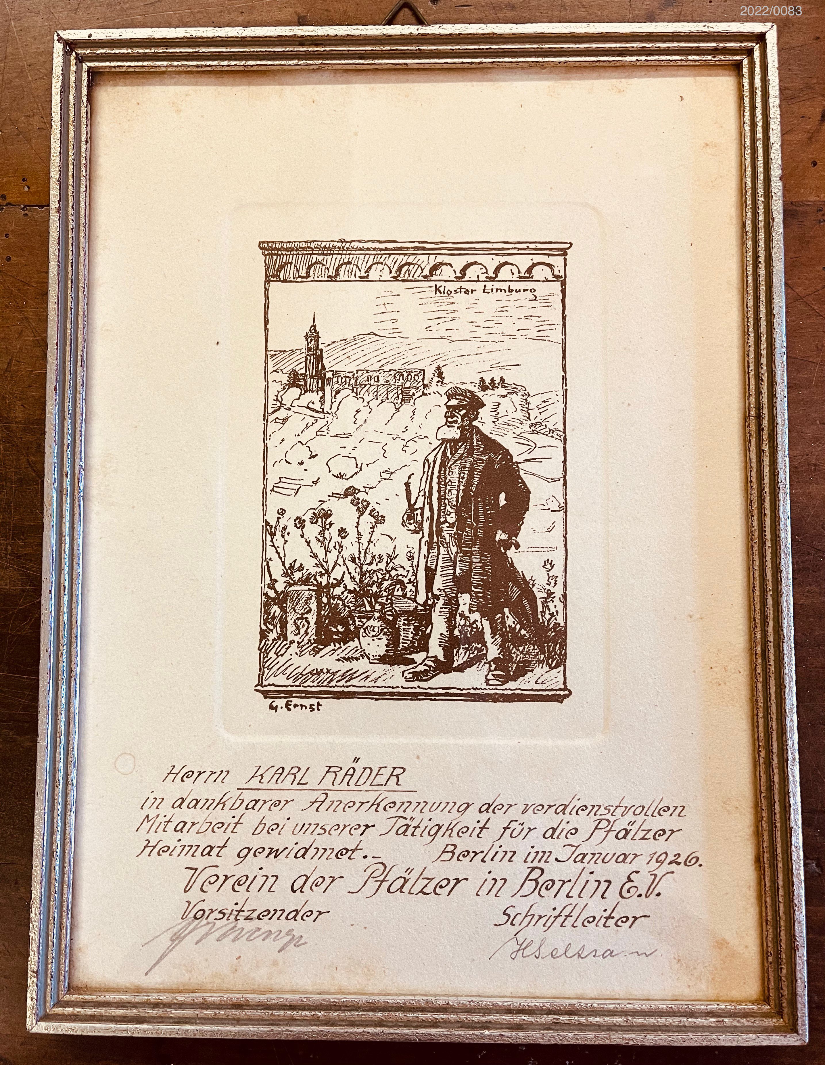 Urkunde für Karl Räder vom Verein der Pfälzer in Berlin (Stadtmuseum Bad Dürkheim im Kulturzentrum Haus Catoir CC BY-NC-SA)