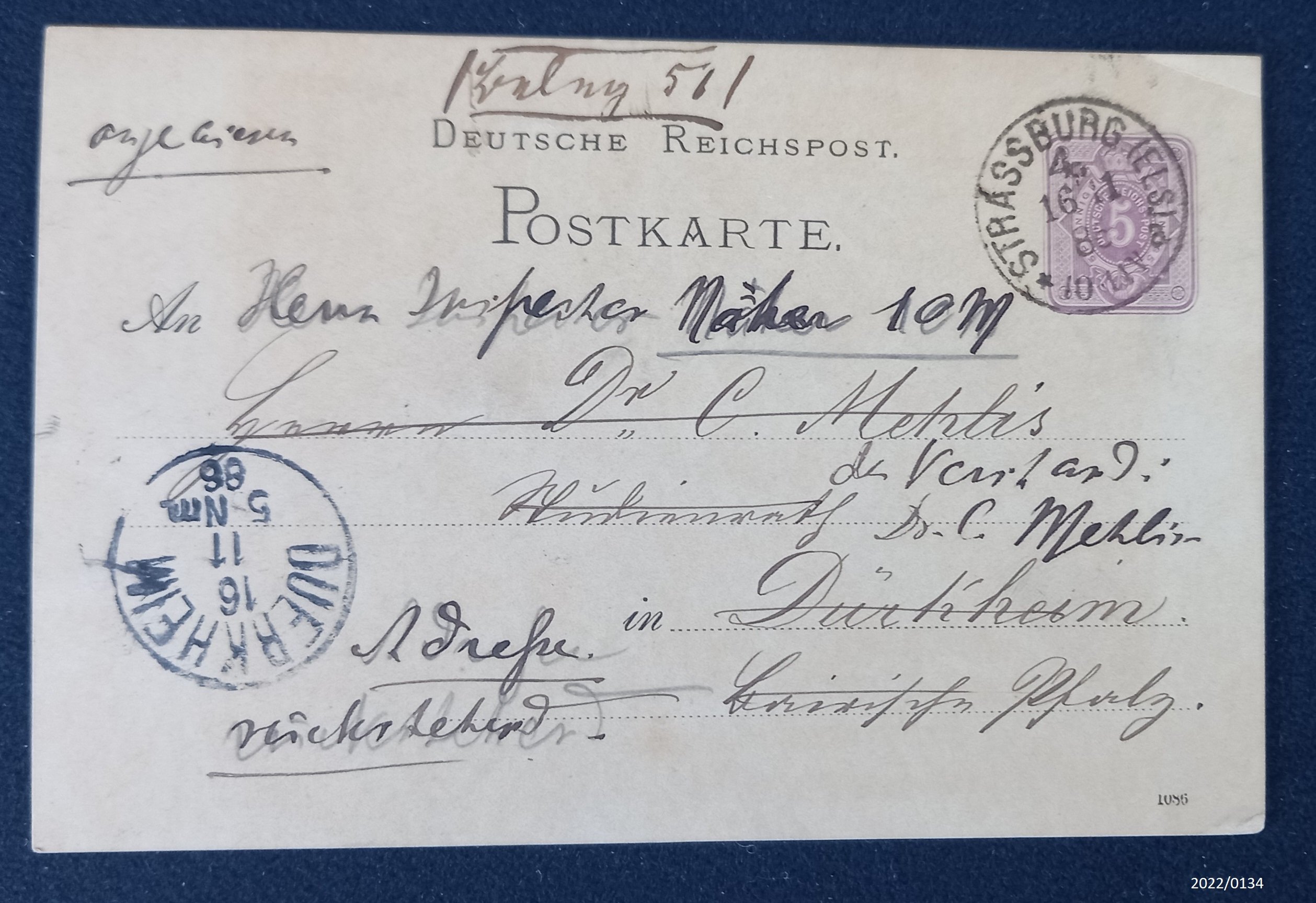 Postkarte an Dr. Mehlis vom 15. May 1886 (Stadtmuseum Bad Dürkheim im Kulturzentrum Haus Catoir CC BY-NC-SA)