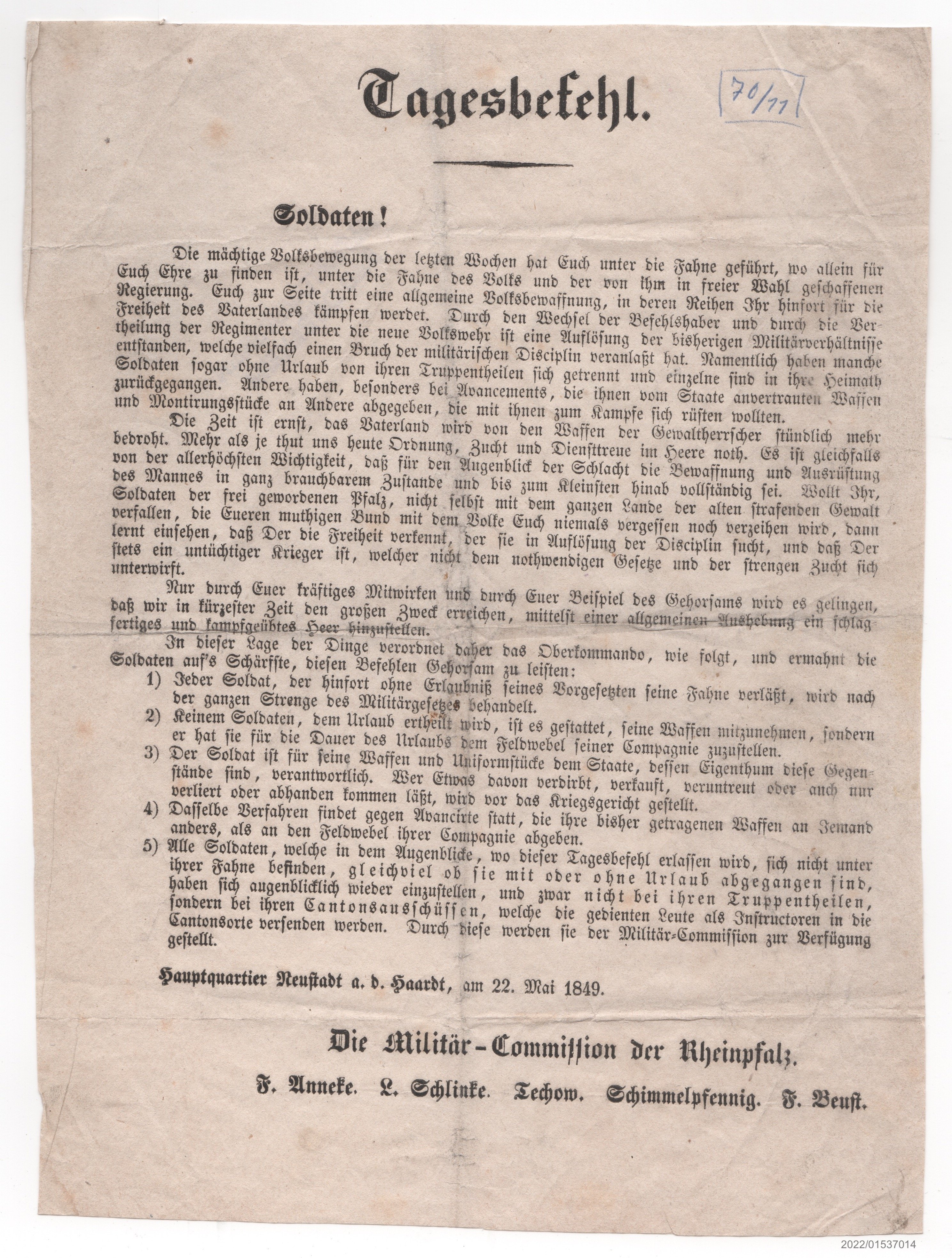 Tagesbefehl der Militär-Commission der Rheinpfalz 22.05.1849 (Museumsgesellschaft Bad Dürkheim e. V. CC BY-NC-SA)