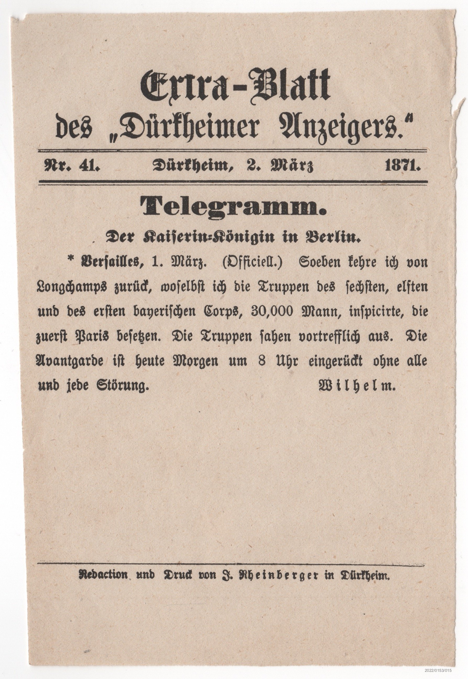 Extra-Blatt des Dürkheimer Anzeigers Nr. 41 02.03.1871 (Museumsgesellschaft Bad Dürkheim e. V. CC BY-NC-SA)