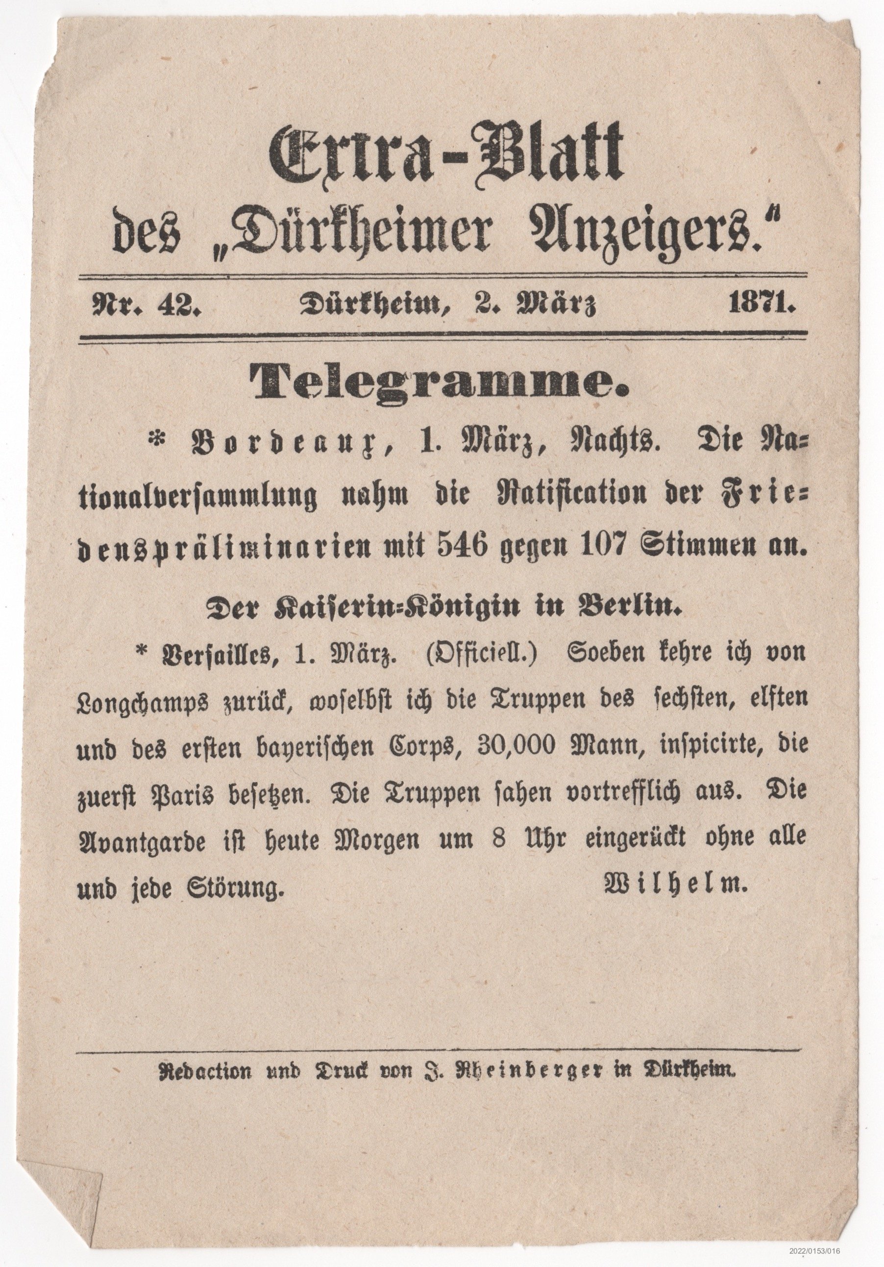 Extra-Blatt des Dürkheimer Anzeigers Nr. 42 02.03.1871 (Museumsgesellschaft Bad Dürkheim e. V. CC BY-NC-SA)