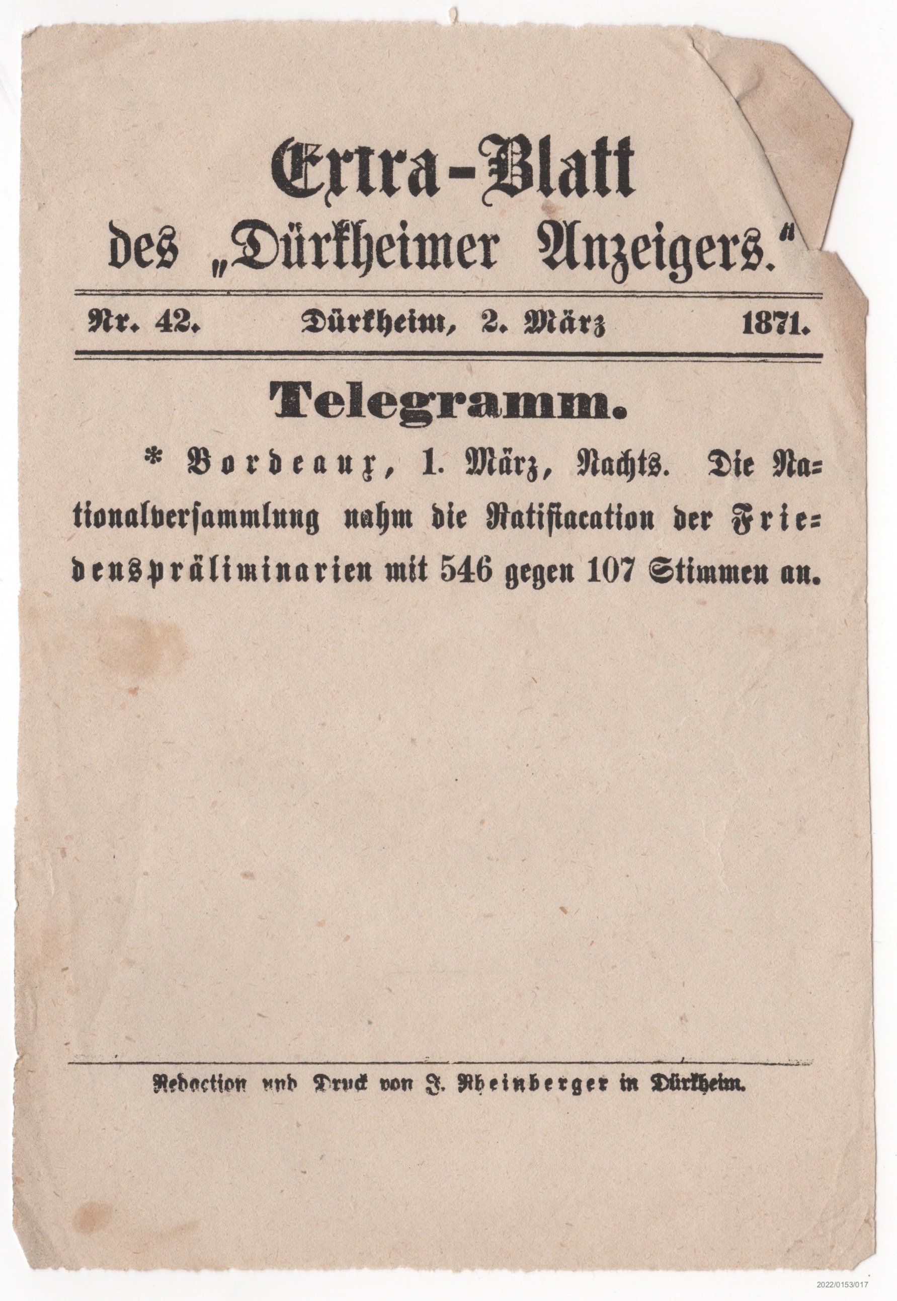 Extra-Blatt des Dürkheimer Anzeigers Nr. 42/2 02.03.1871 (Museumsgesellschaft Bad Dürkheim e. V. CC BY-NC-SA)