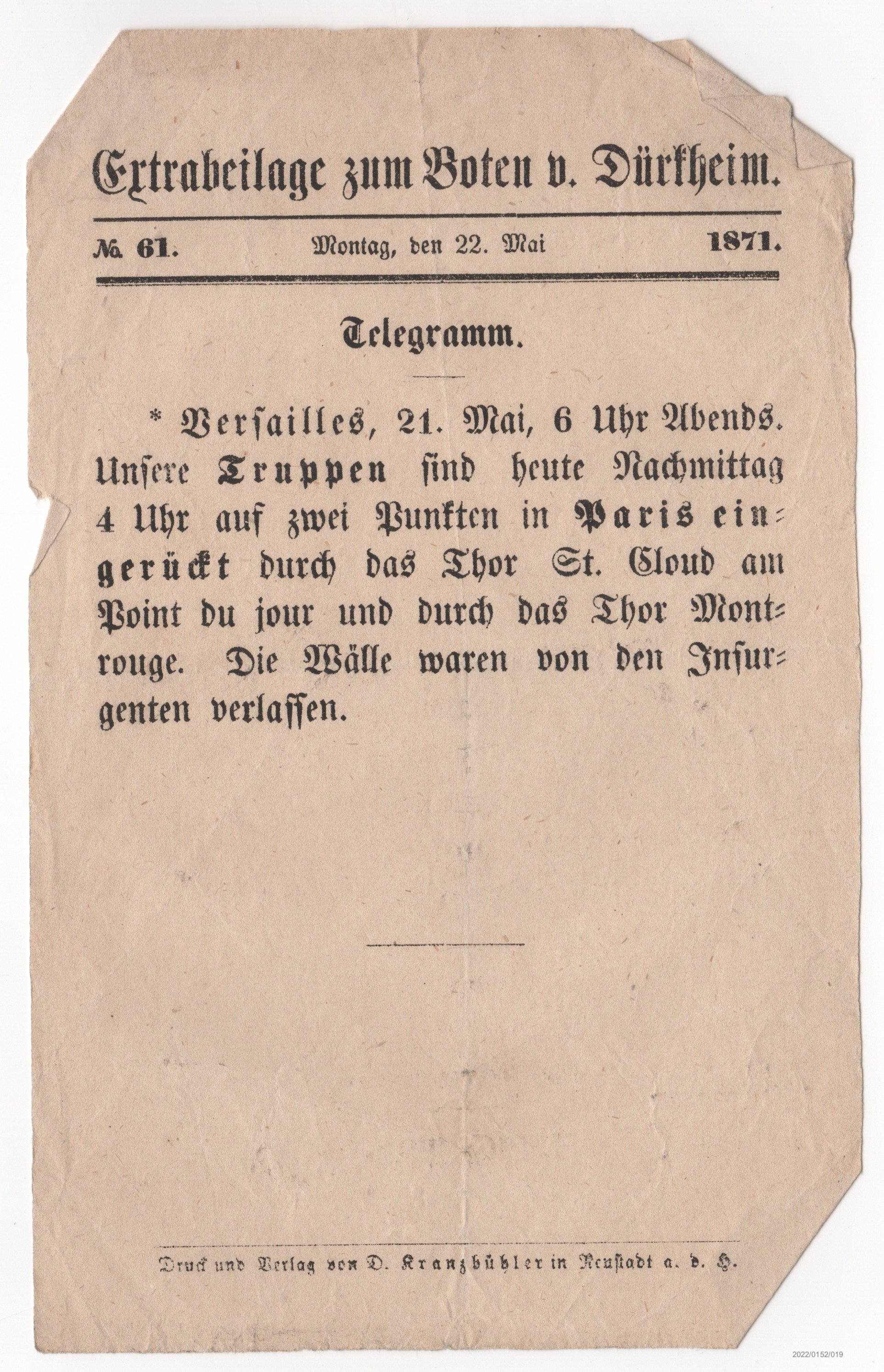 Extra-Blatt des Dürkheimer Anzeigers Nr. 43 03.03.1871 (Museumsgesellschaft Bad Dürkheim e. V. CC BY-NC-SA)