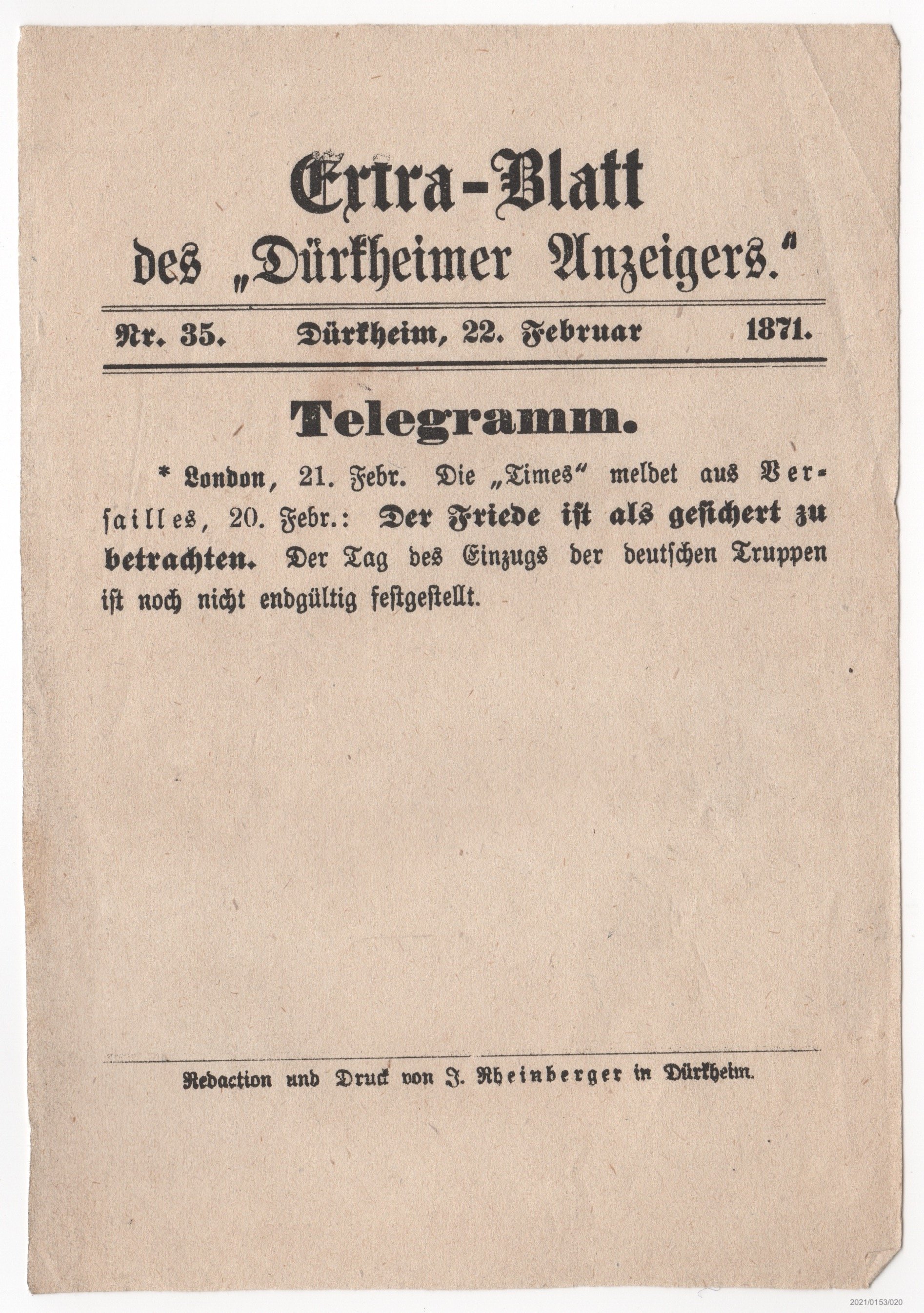 Extra-Blatt des Dürkheimer Anzeigers Nr. 35 22.02.1871 (Museumsgesellschaft Bad Dürkheim e. V. CC BY-NC-SA)