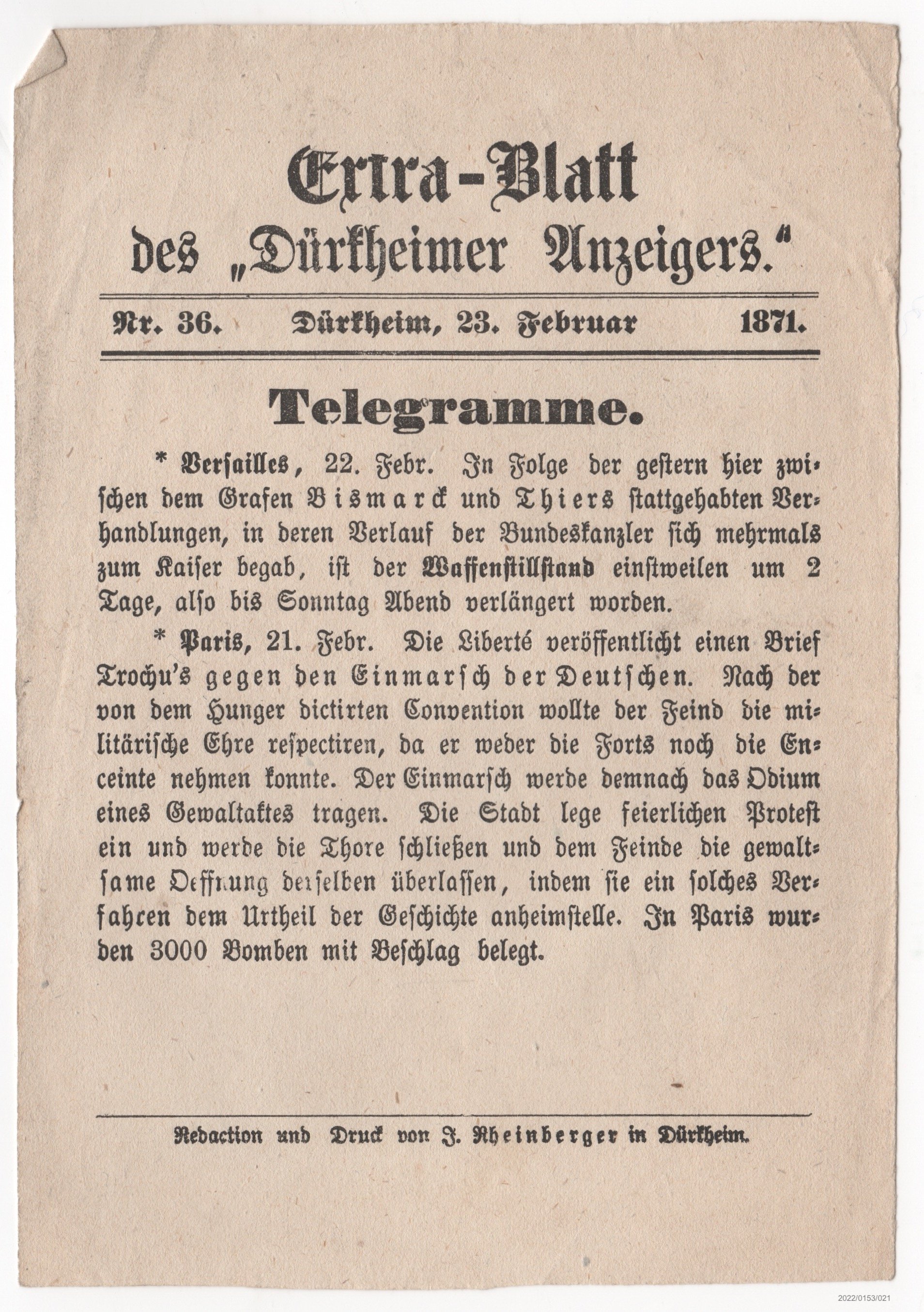 Extra-Blatt des Dürkheimer Anzeigers Nr. 36 23.02.1871 (Museumsgesellschaft Bad Dürkheim e. V. CC BY-NC-SA)