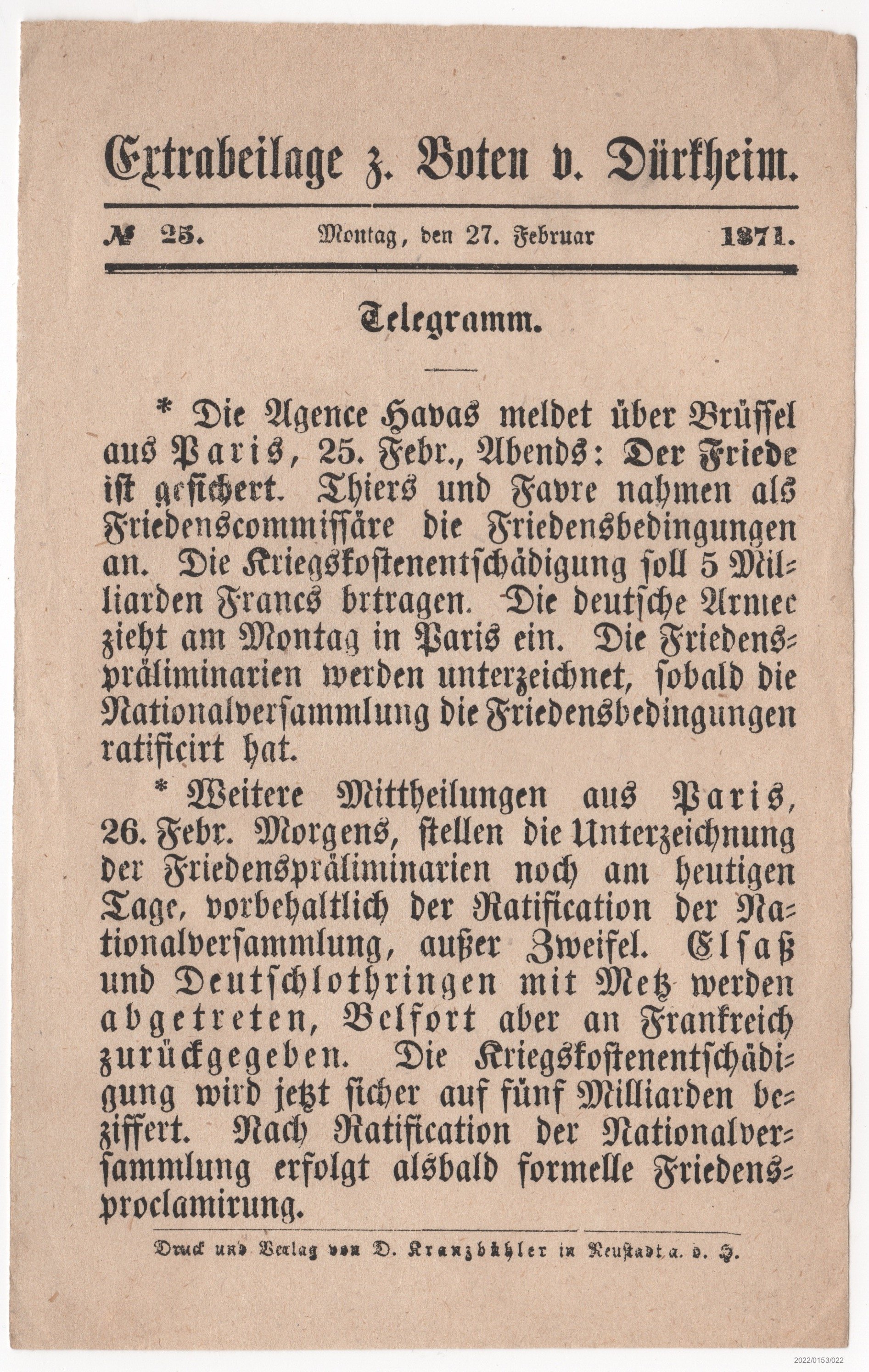 Extrabeilage zum Boten von Dürkheim No. 25 27.02.1871 (Museumsgesellschaft Bad Dürkheim e. V. CC BY-NC-SA)
