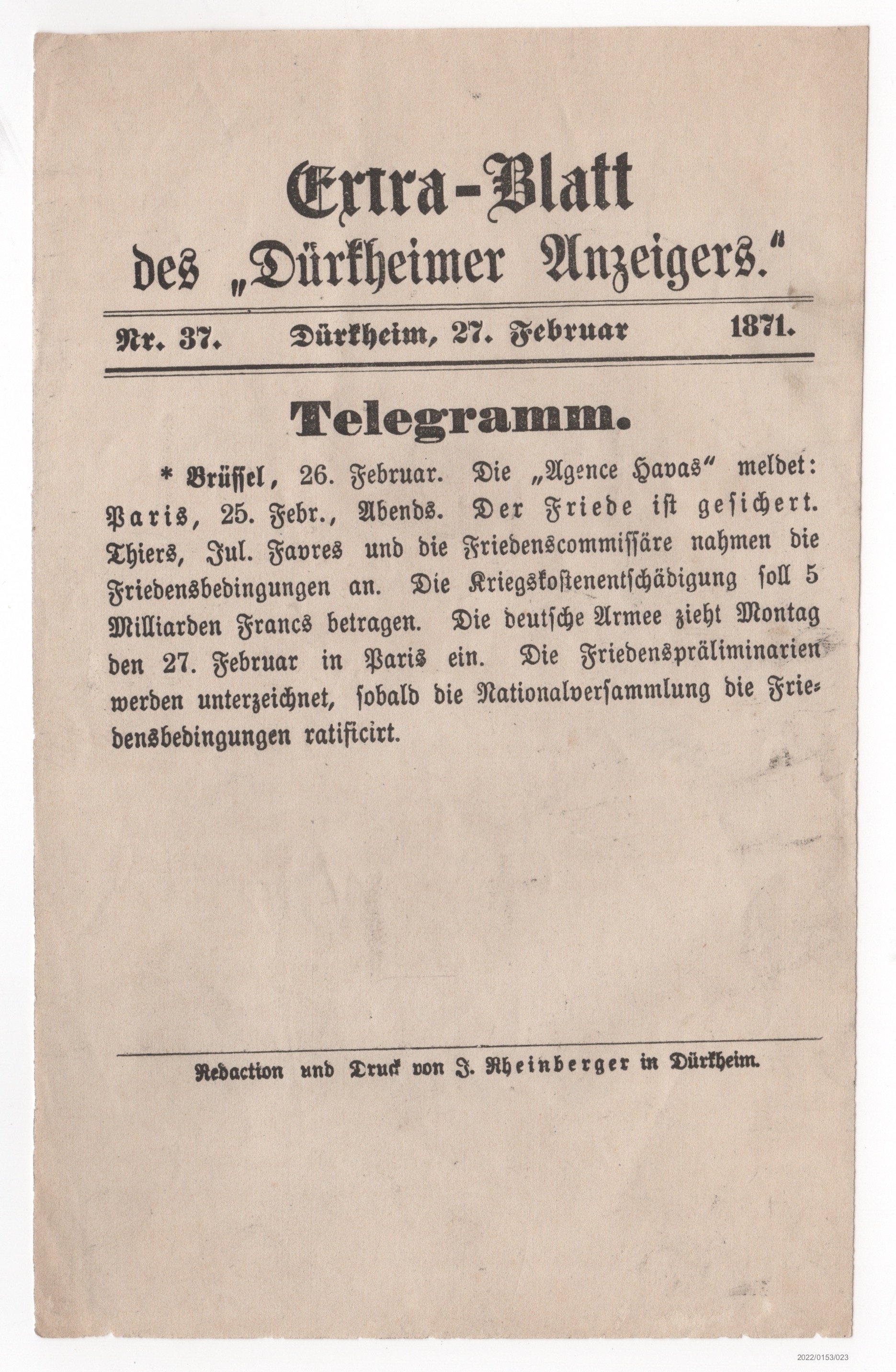 Extra-Blatt des Dürkheimer Anzeigers Nr. 37 27.02.1871 (Museumsgesellschaft Bad Dürkheim e. V. CC BY-NC-SA)