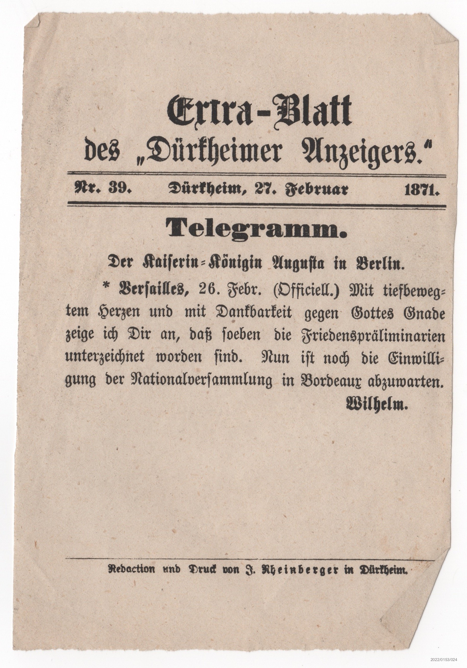 Extra-Blatt des Dürkheimer Anzeigers Nr. 39 27.02.1871 (Museumsgesellschaft Bad Dürkheim e. V. CC BY-NC-SA)
