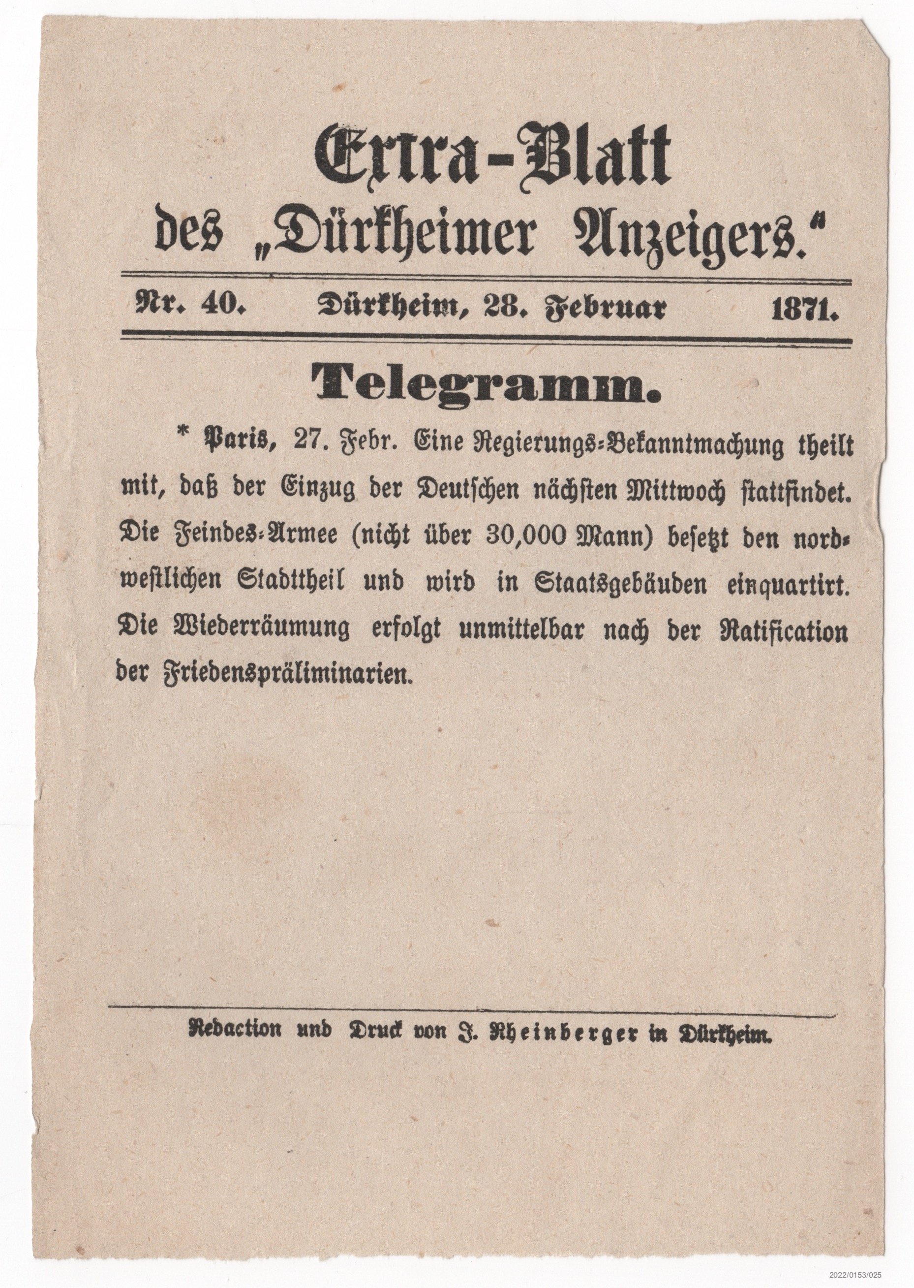 Extra-Blatt des Dürkheimer Anzeigers Nr. 40 28.02.1871 (Museumsgesellschaft Bad Dürkheim e. V. CC BY-NC-SA)
