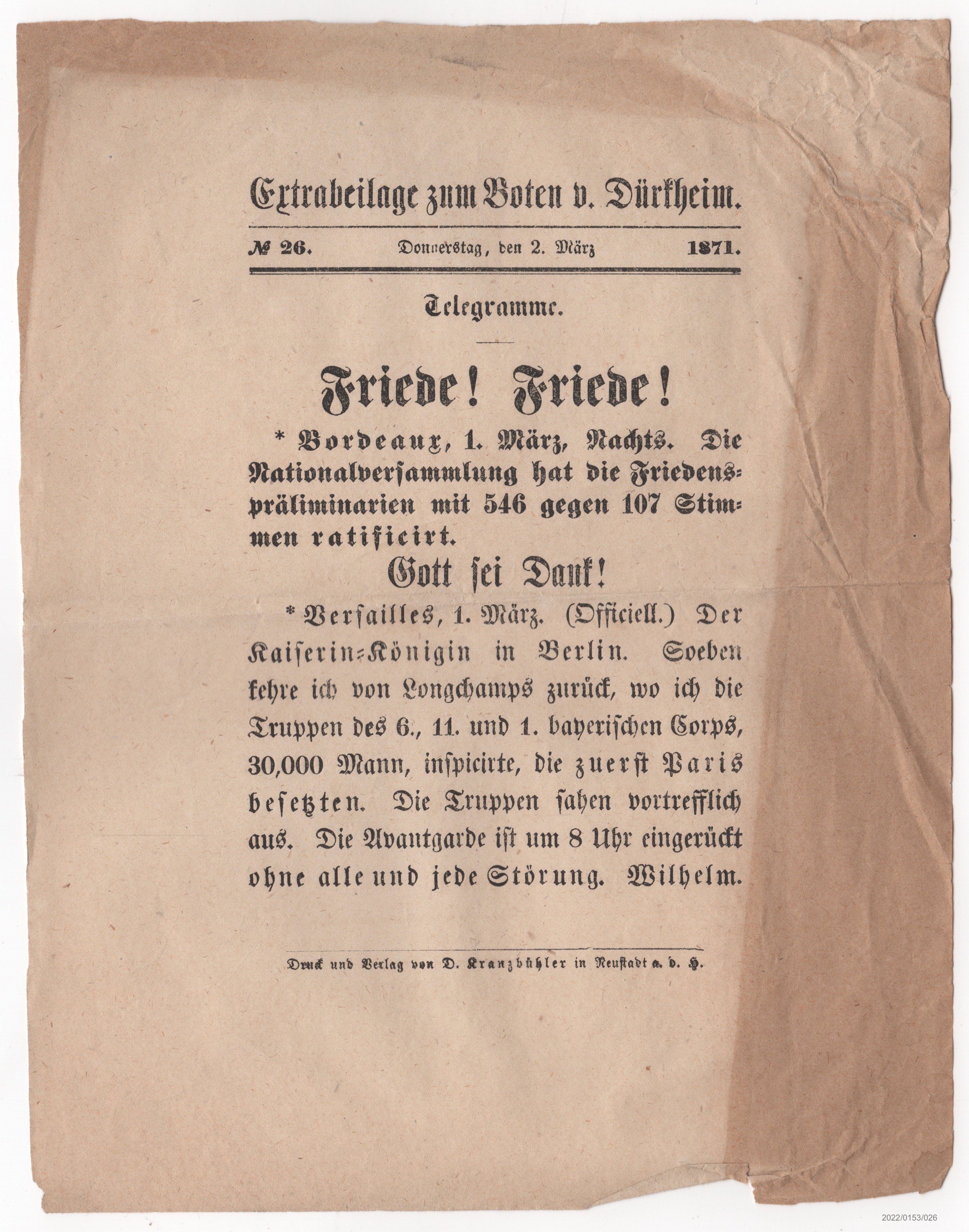 Extrabeilage zum Boten von Dürkheim No 26 02.03.1871 (Museumsgesellschaft Bad Dürkheim e. V. CC BY-NC-SA)