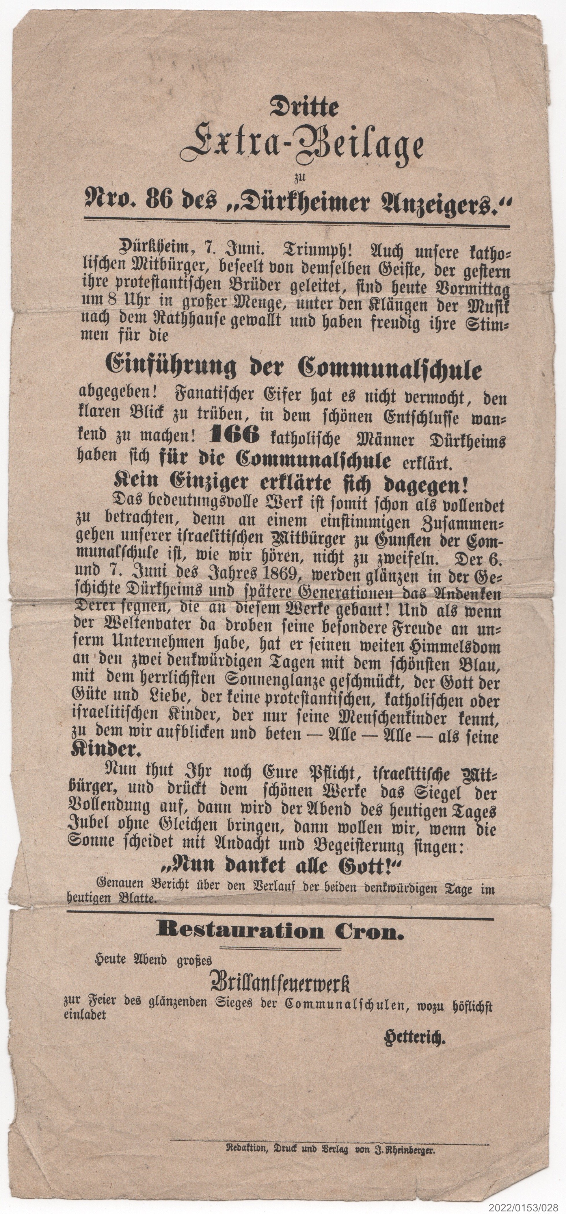 Dritte Extrabeilage zu Nro. 86 des Dürkheimer Anzeigers 07.06.1869 (Museumsgesellschaft Bad Dürkheim e. V. CC BY-NC-SA)