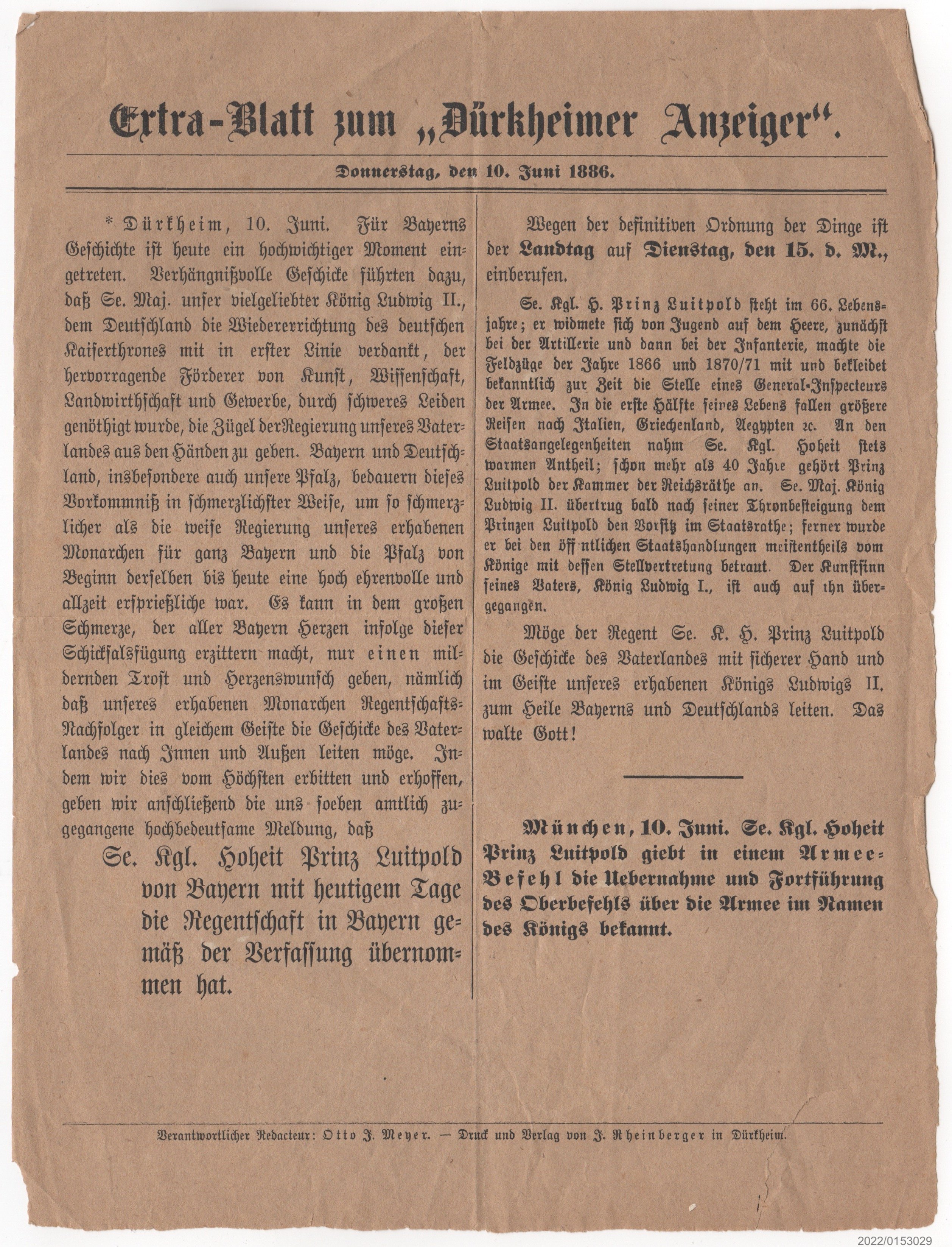 Extrablatt zum Dürkheimer Anzeiger 10.06.1886 (Museumsgesellschaft Bad Dürkheim e. V. CC BY-NC-SA)