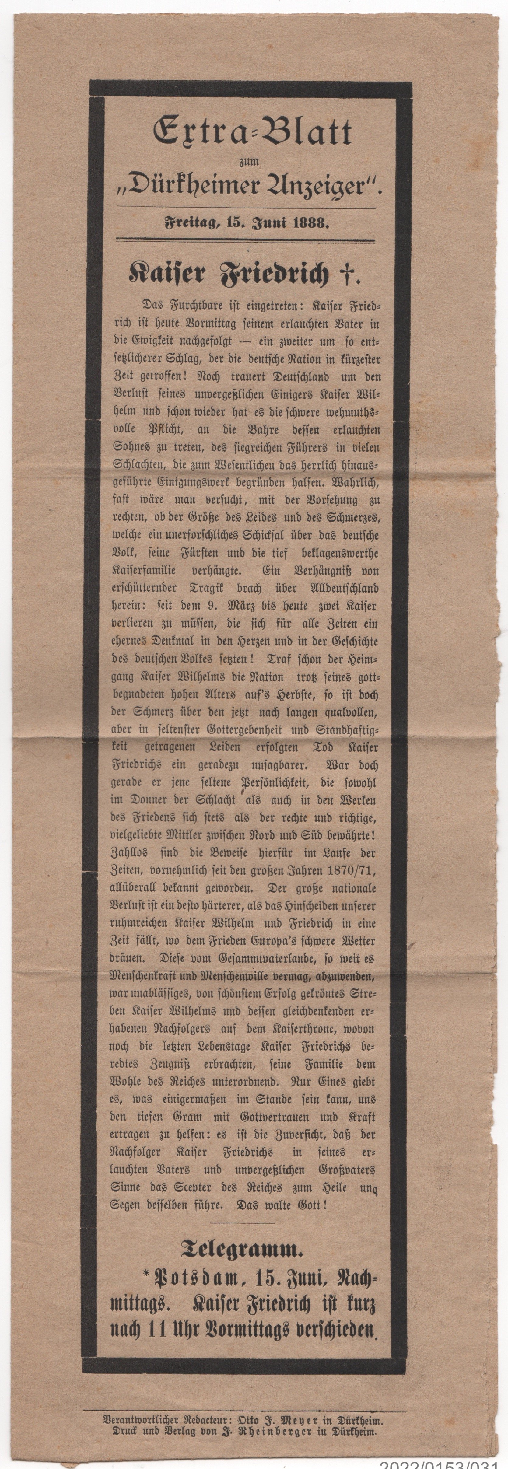 Extra-Blatt zum Dürkheimer Anzeiger 15.06.1886 Tod Kaiser Friedrich (Museumsgesellschaft Bad Dürkheim e. V. CC BY-NC-SA)