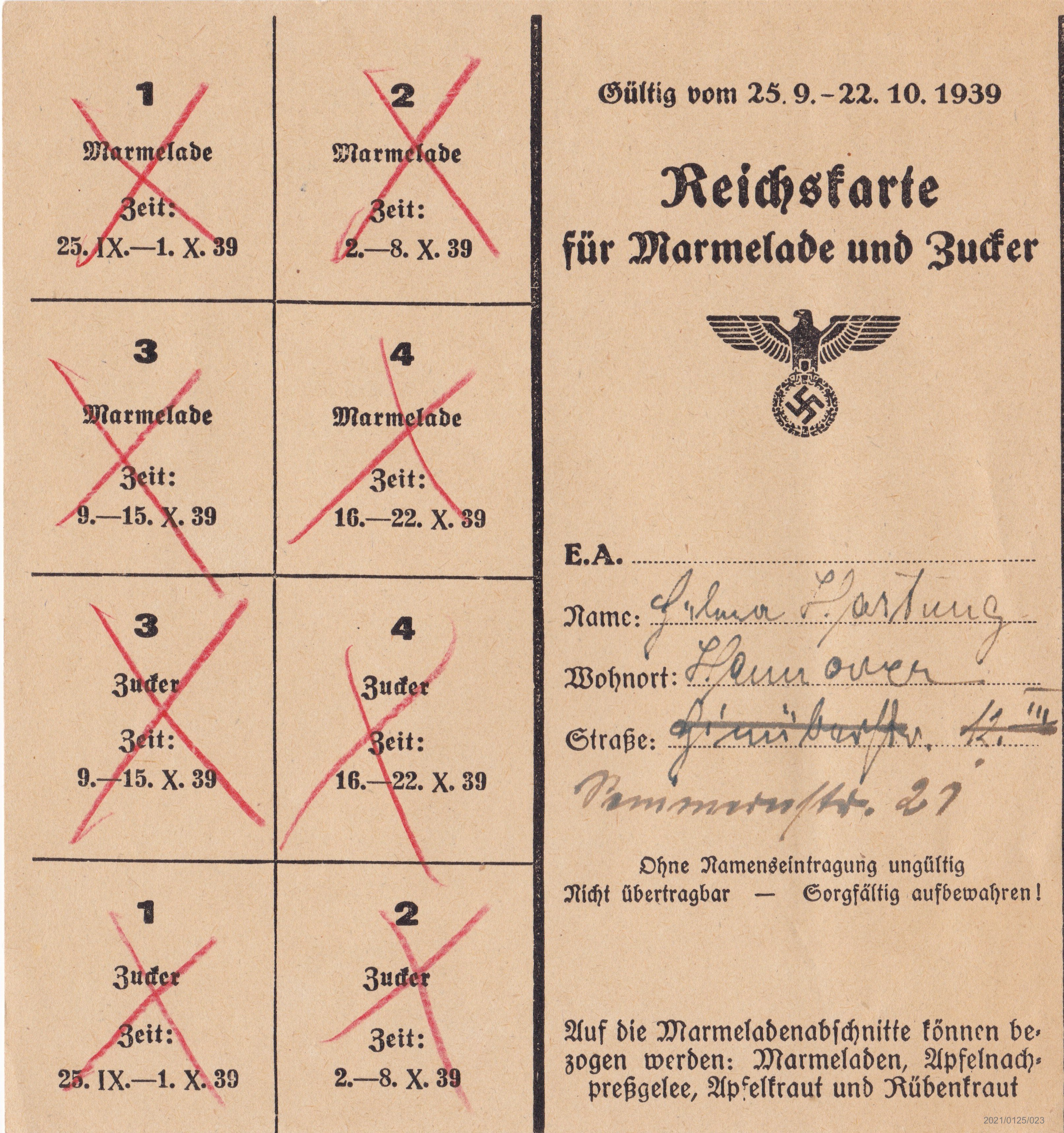 Reichskarte für Marmelade und Zucker 25.09.1939 - 22.10.1939: Vorderseite der Lebensmittelmarke (Museumsgesellschaft Bad Dürkheim e. V. CC BY-NC-SA)