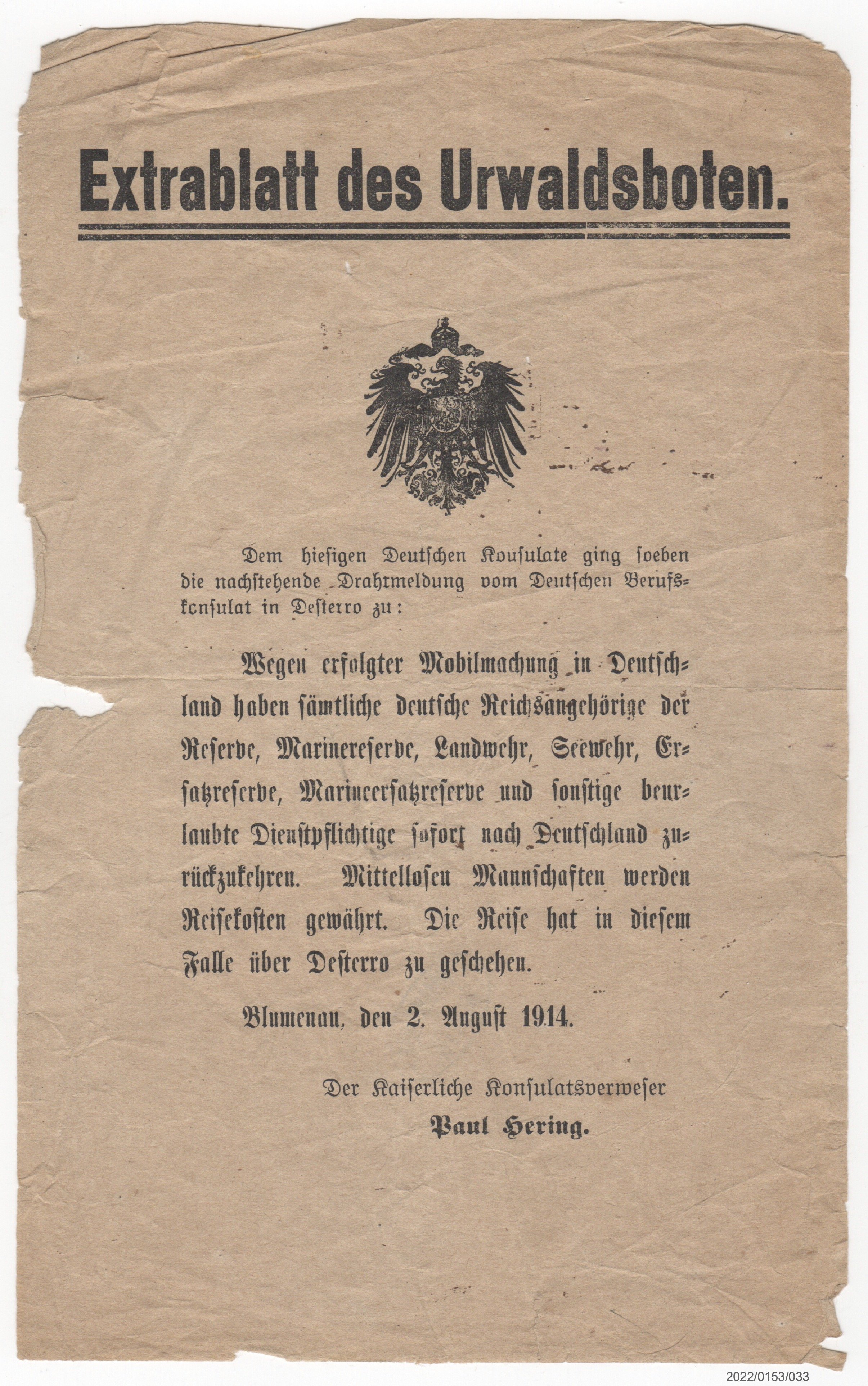 Extrablatt des Urwaldsboten 2.08.1914 (Museumsgesellschaft Bad Dürkheim e. V. CC BY-NC-SA)