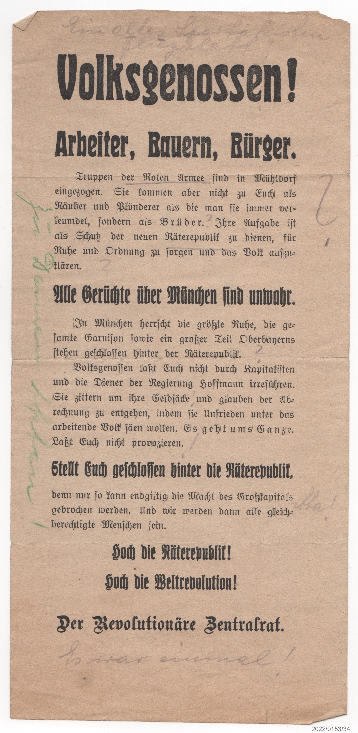 Flugblatt des Revolutionären Zentralrates (Museumsgesellschaft Bad Dürkheim e. V. CC BY-NC-SA)