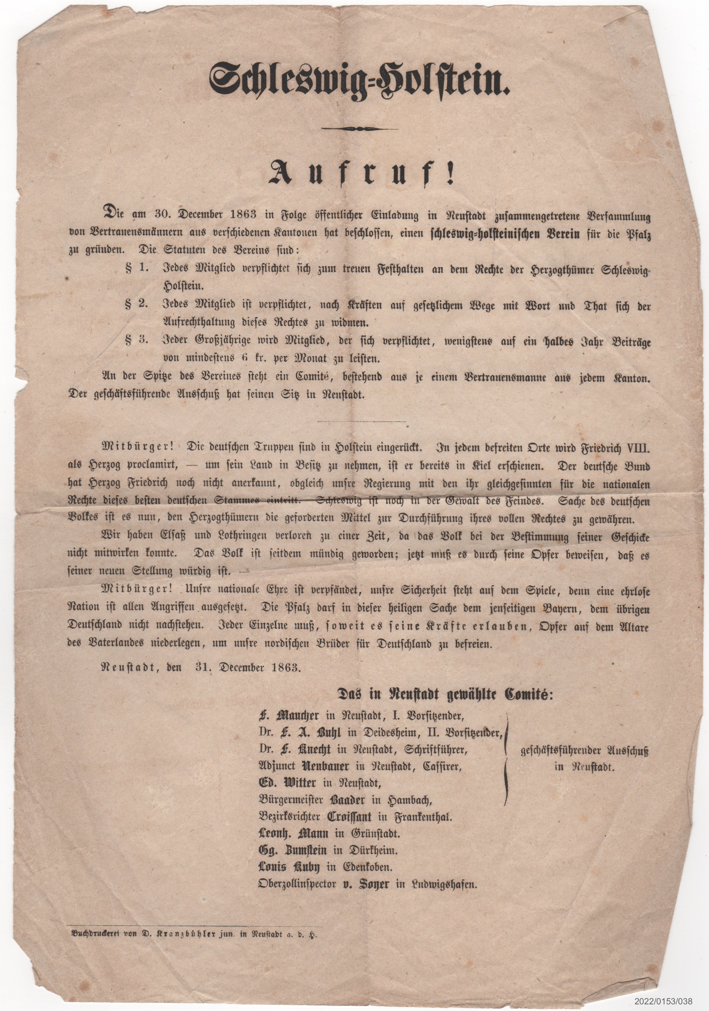 Flugblatt Gründung schleswig-holsteinischer Verein für die Pfalz 31.12.1863 (Museumsgesellschaft Bad Dürkheim e. V. CC BY-NC-SA)