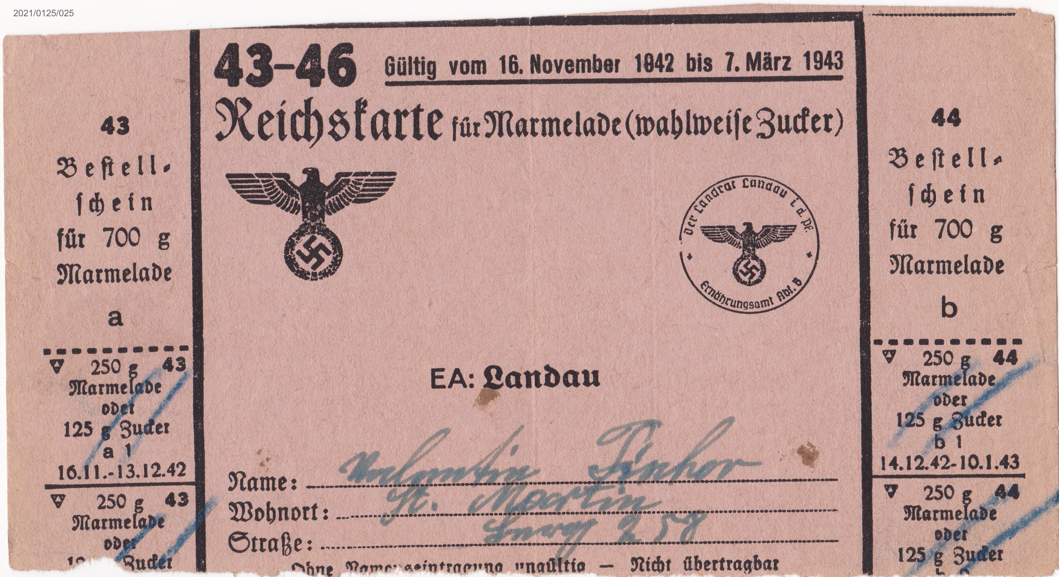 Reichskarte für Marmelade 43-46 1942: Vorderseite (Museumsgesellschaft Bad Dürkheim e. V. CC BY-NC-SA)