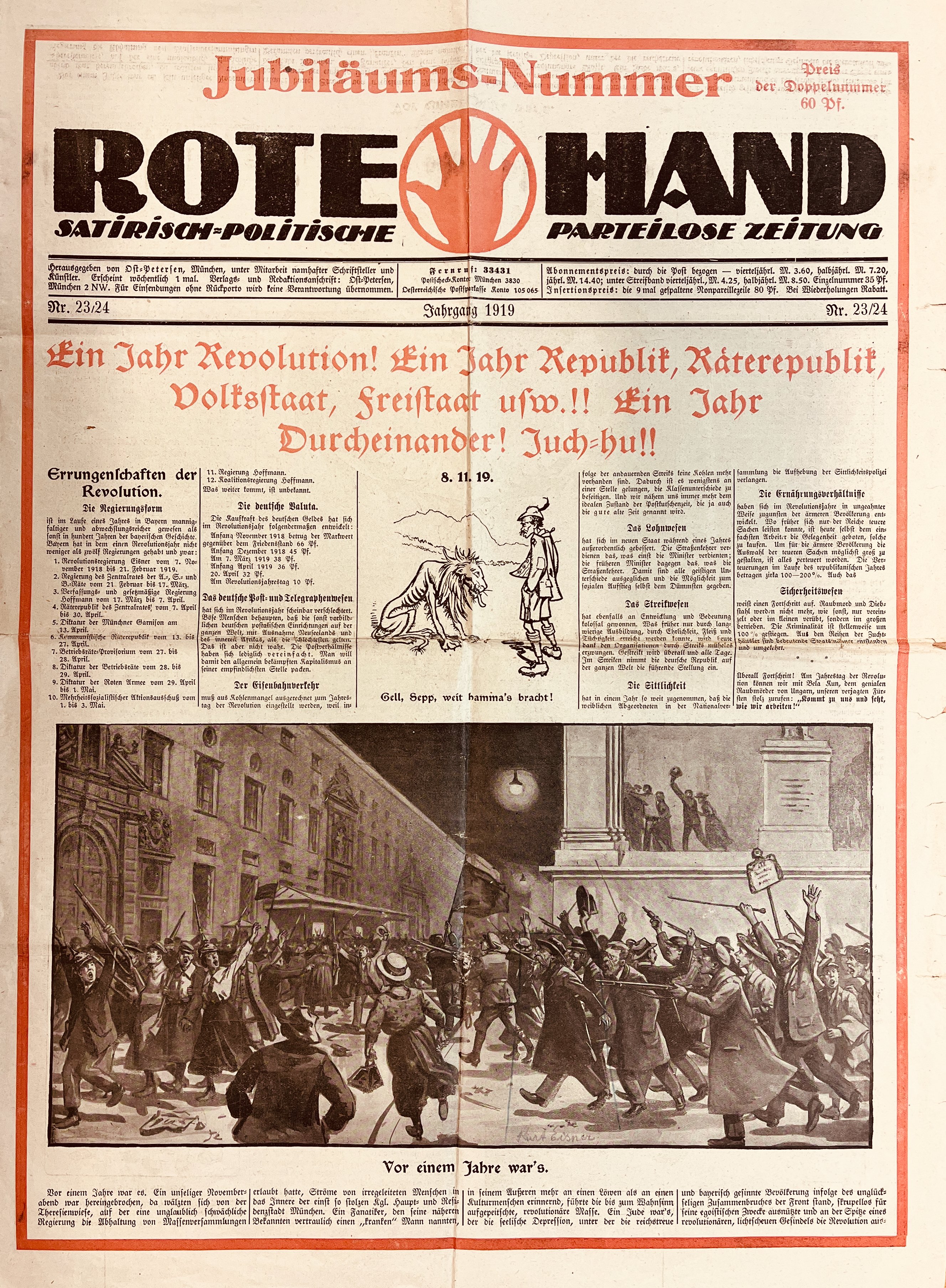 Satirezeitung Rote Hand Jubiläums-Nummer 1919: Seite 1 (Museumsgesellschaft Bad Dürkheim e. V. CC BY-NC-SA)