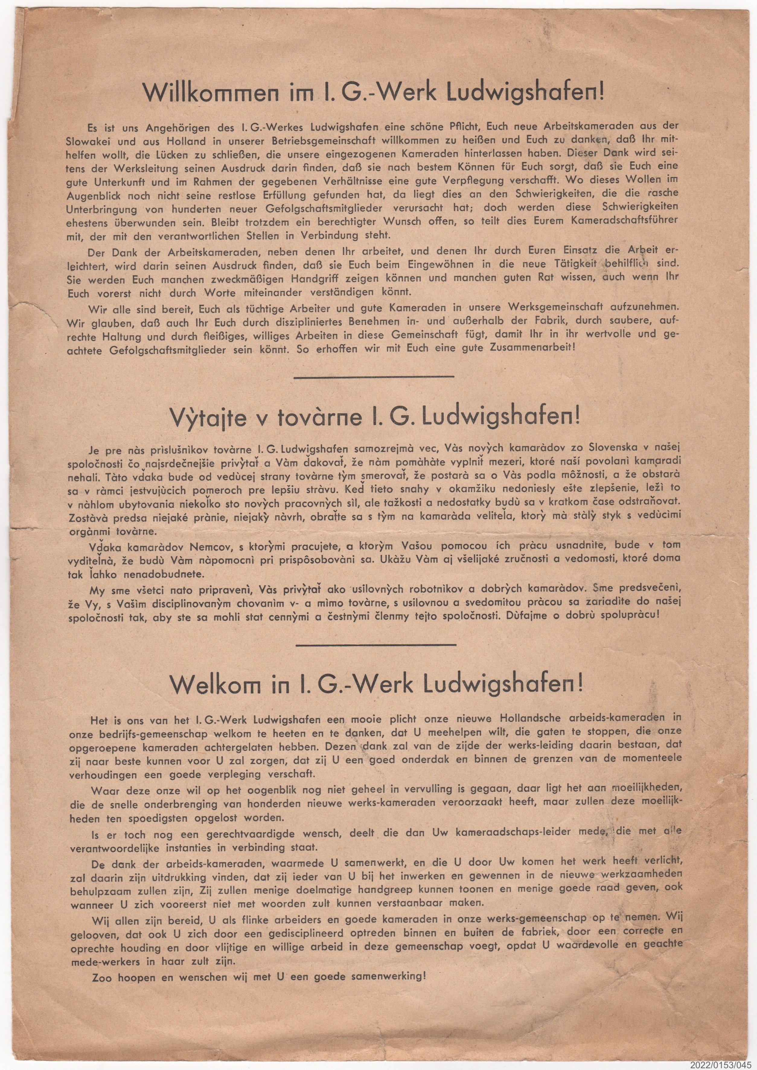 Handzettel Willkommen im I.G.-Werk Ludwigshafen (Museumsgesellschaft Bad Dürkheim e. V. CC BY-NC-SA)
