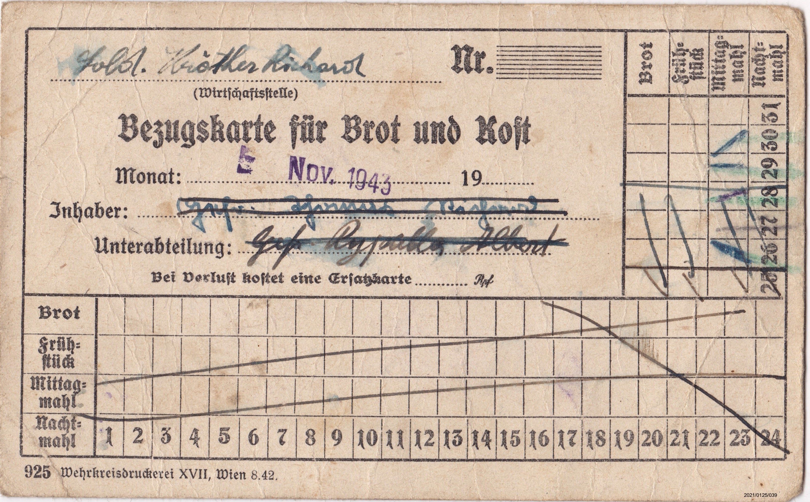 Bezugskarte für Brot und Kost 1943: Vorderseite (Museumsgesellschaft Bad Dürkheim e. V. CC BY-NC-SA)