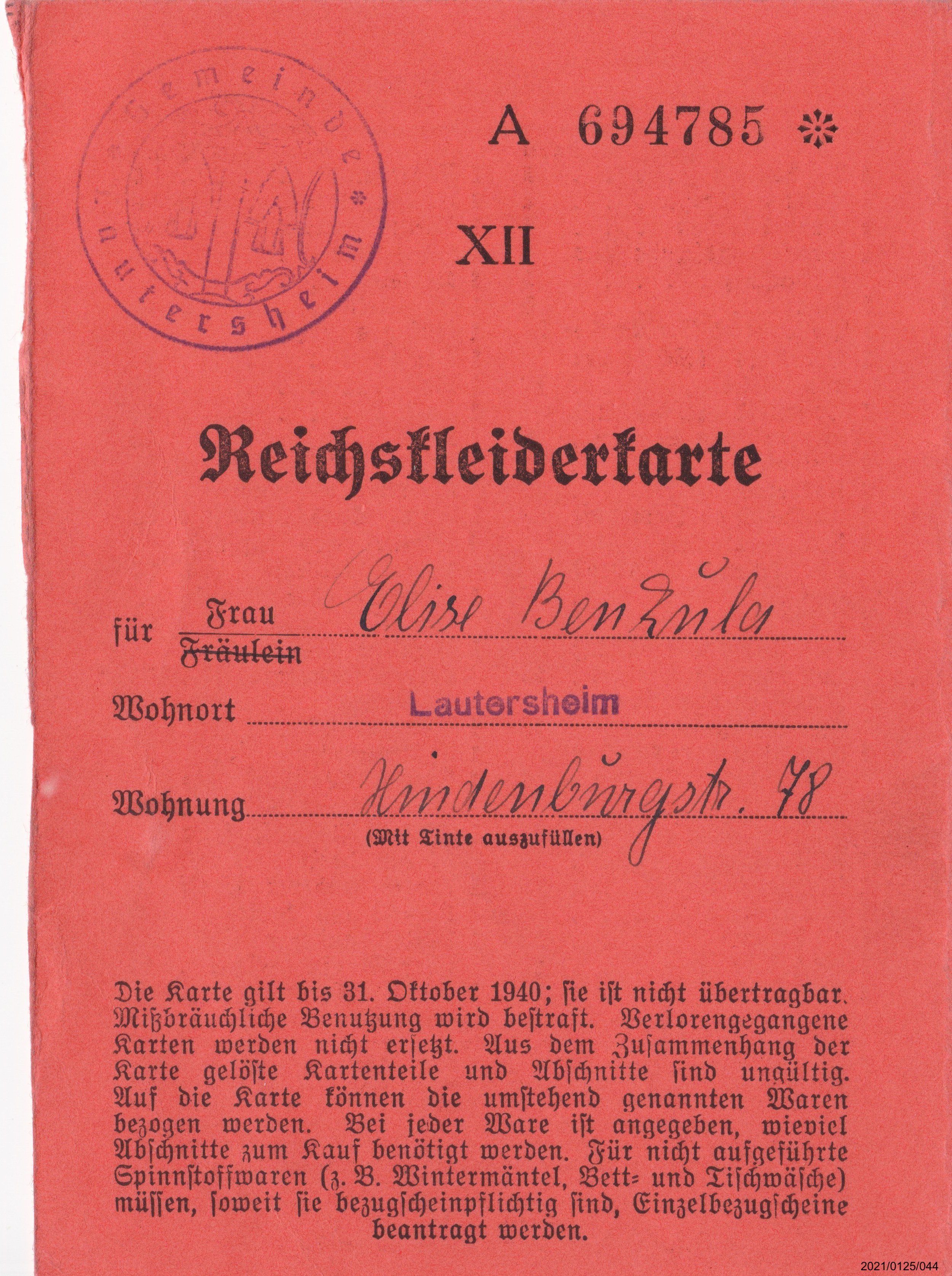 Reichskleiderkarte Oktober 1940 für Elise Benkula: Vorderseite (Museumsgesellschaft Bad Dürkheim e. V. CC BY-NC-SA)