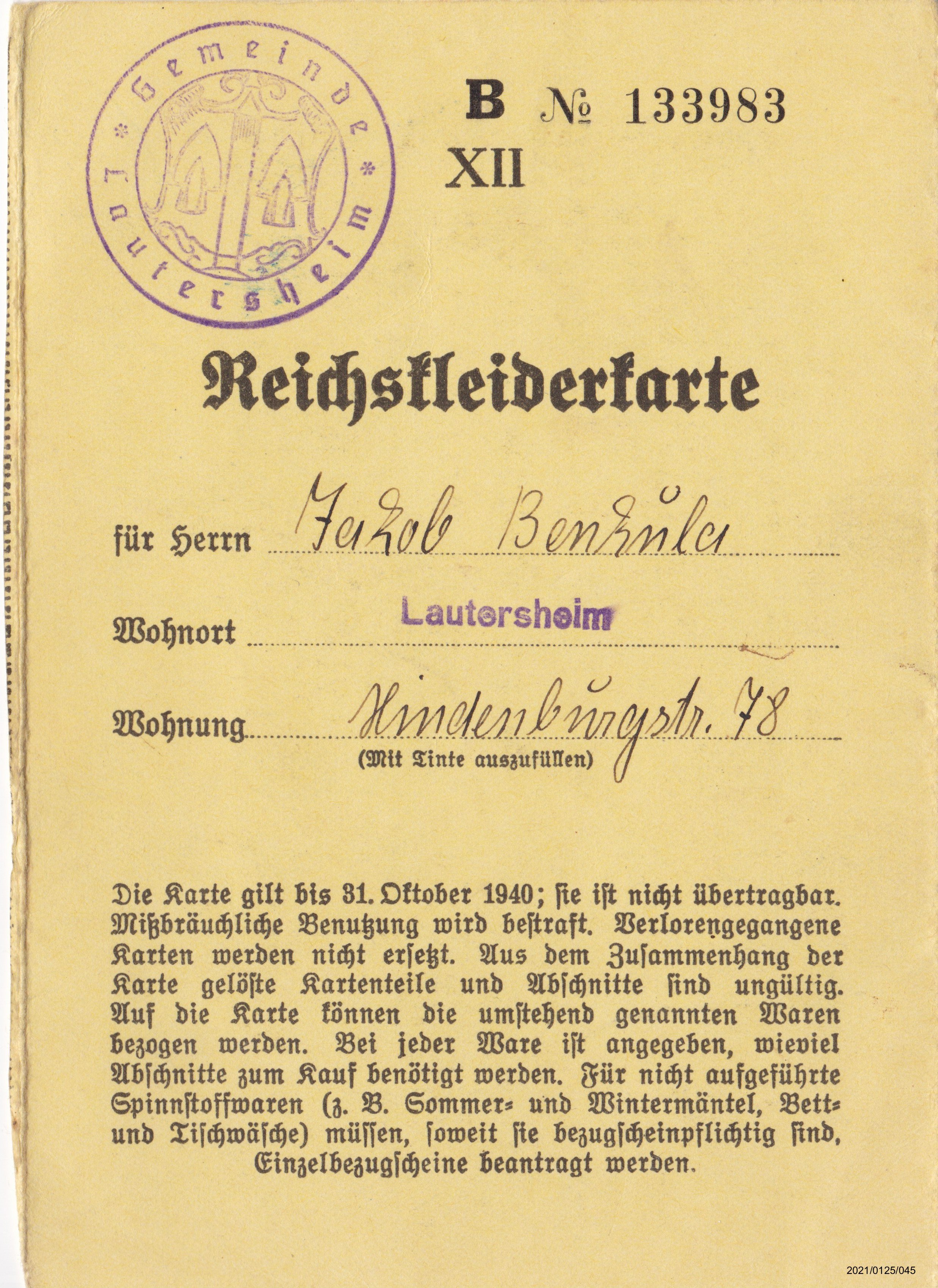 Reichskleiderkarte Oktober 1940 für Jakob Benkula: Vorderseite (Museumsgesellschaft Bad Dürkheim e. V. CC BY-NC-SA)