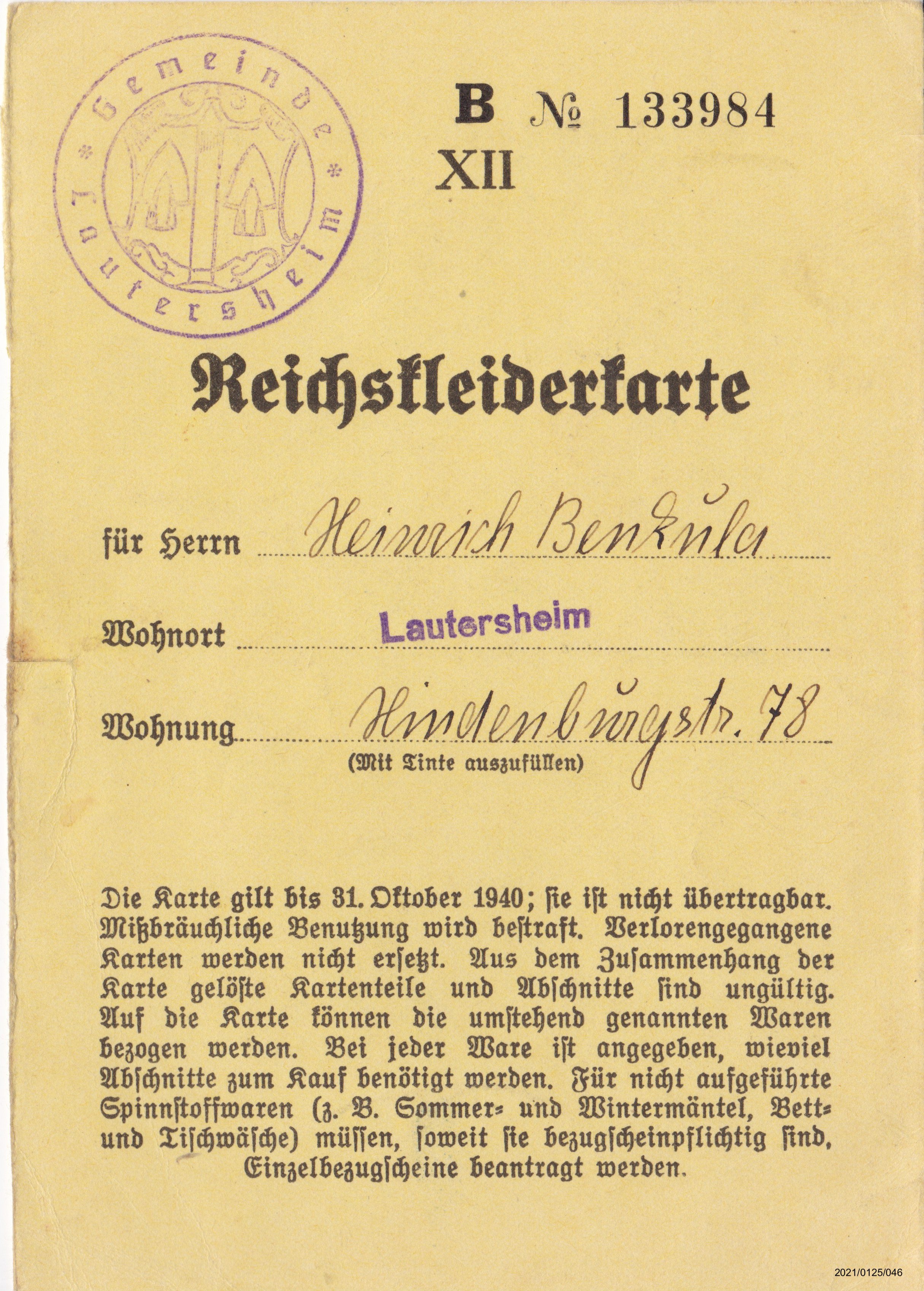Reichskleiderkarte Oktober 1940 für Heinrich Benkula: Vorderseite (Museumsgesellschaft Bad Dürkheim e. V. CC BY-NC-SA)
